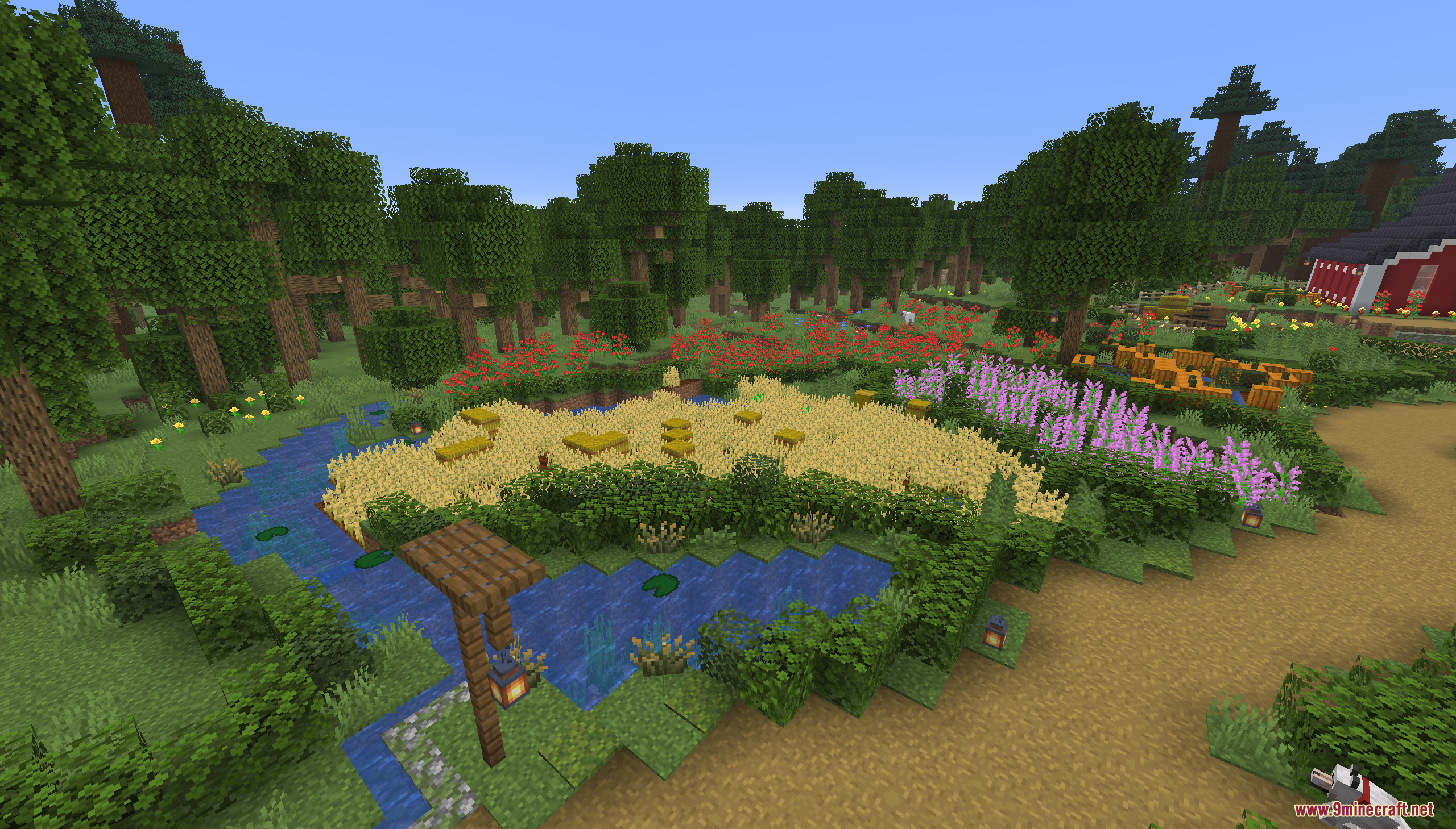 Tiny Takeover Farmstead Map (26.2, 1.20.1) – Peaceful Farm Life 4 Scenic view of a farm with wheat fields and colorful flowers in minecraft