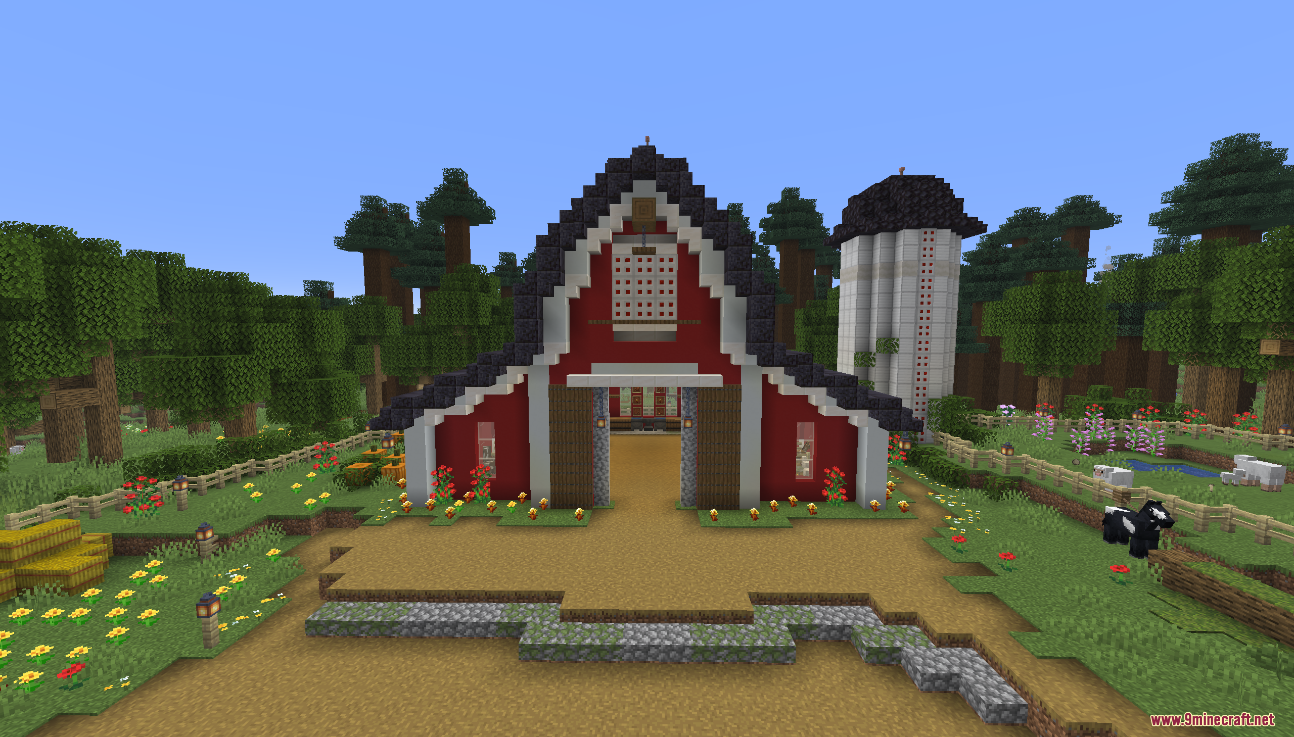 Tiny Takeover Farmstead Map (26.2, 1.20.1) – Peaceful Farm Life 5 A large red barn and white silo surrounded by flowers and farm animals