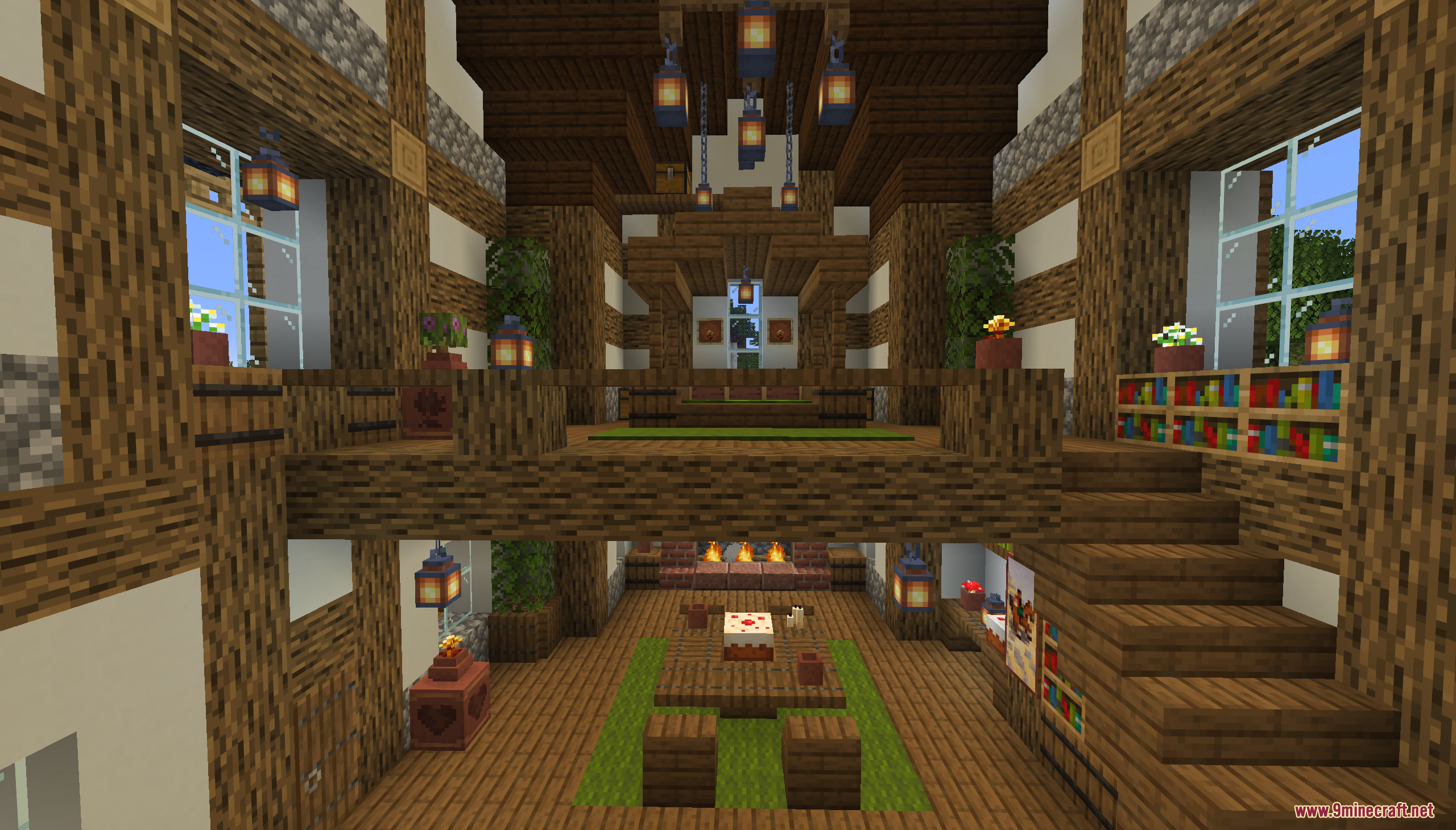 Tiny Takeover Farmstead Map (26.2, 1.20.1) – Peaceful Farm Life 10 Cozy interior of a wooden farmhouse with a loft and dining area
