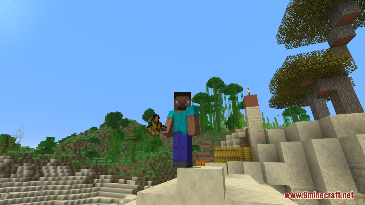 Tools Reimagined Resource Pack (1.21.11) – Bold New Shapes For Classic Vanilla 3 Player character holding a custom netherite tool with gold trims in a jungle