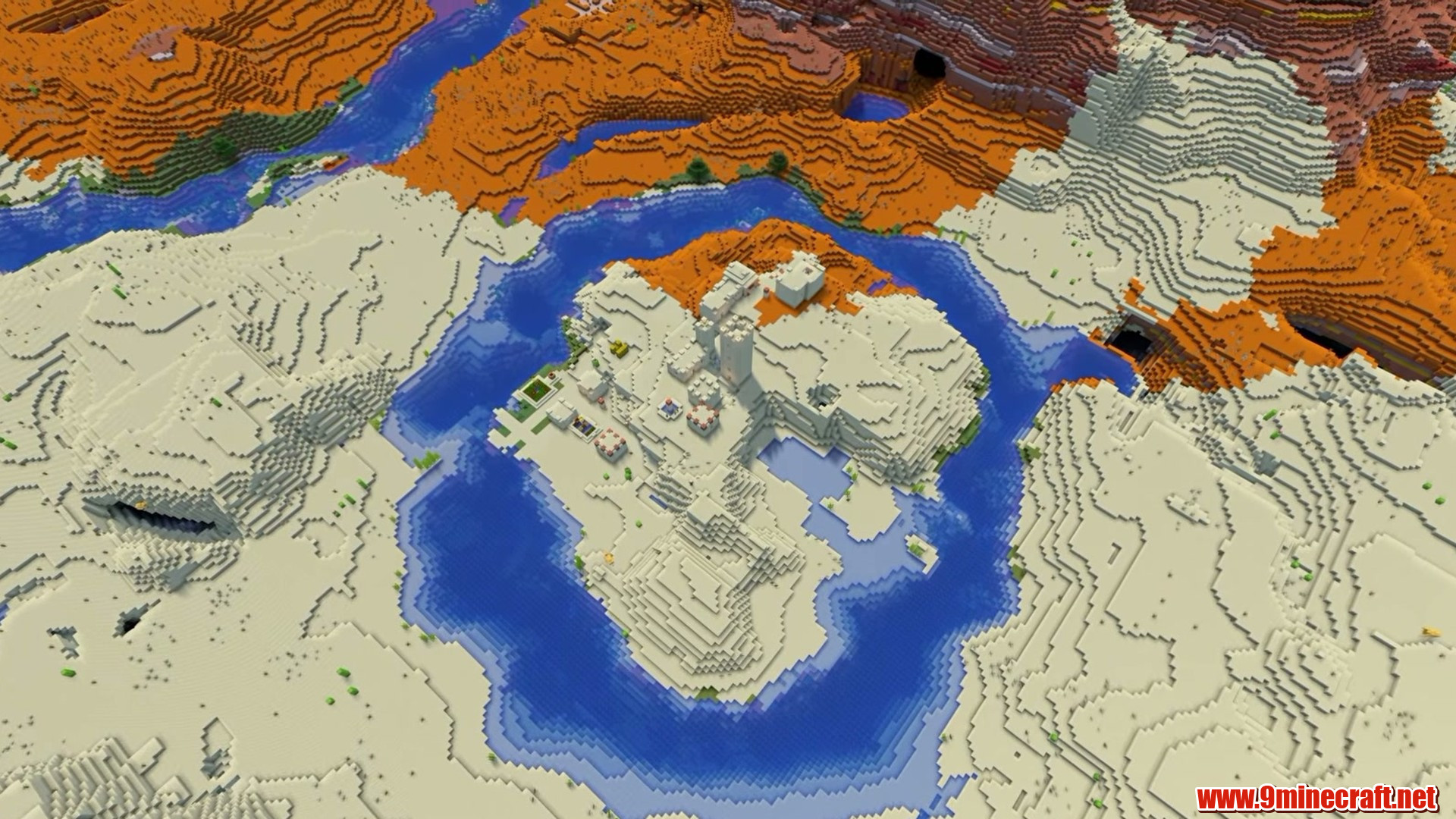 Top 15 Village Seeds For Your Next Minecraft World (26.2, 1.21.11) – Java Edition 4 Desert village surrounded by a river moat in minecraft seed 577910307