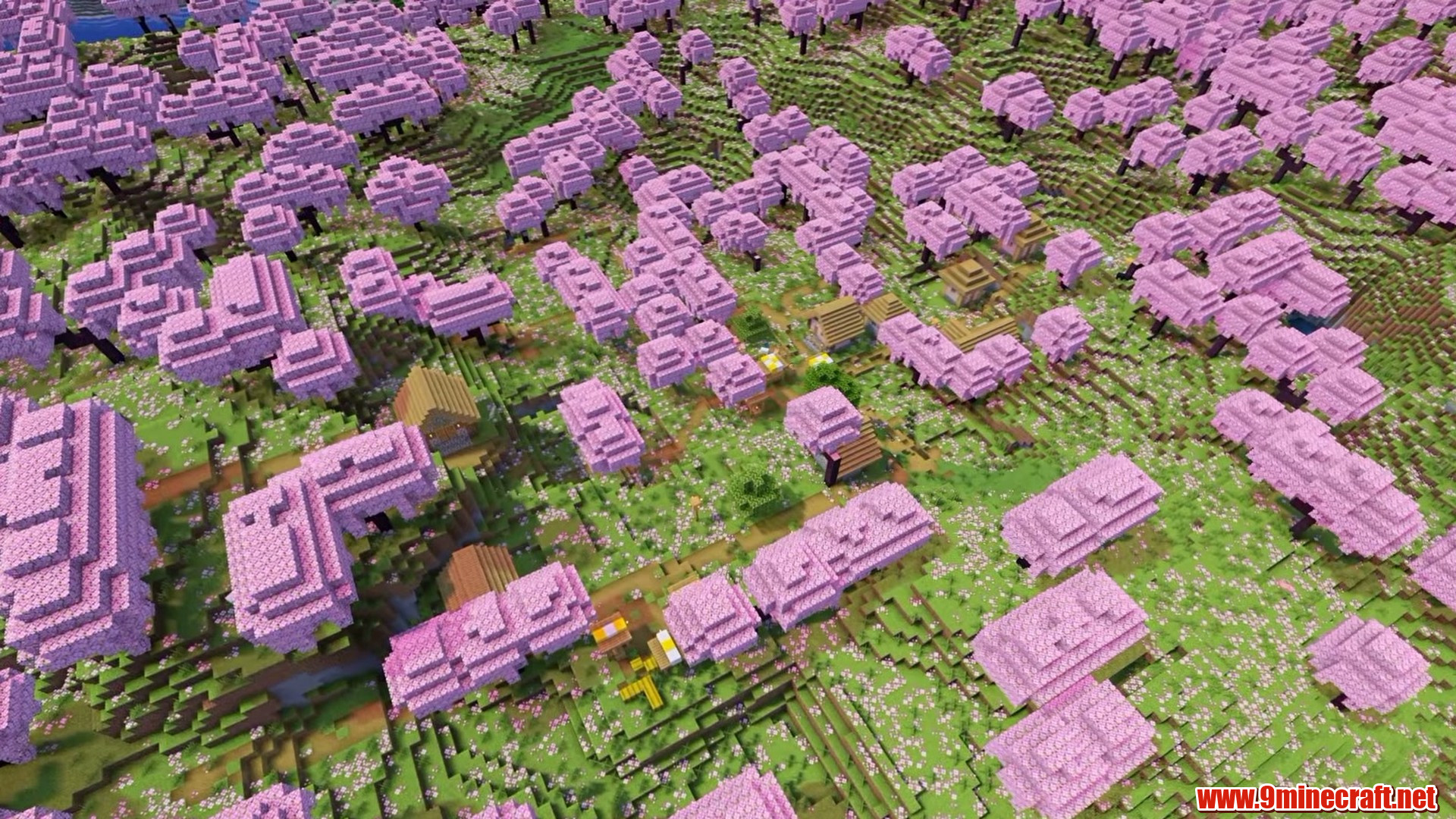 Top 15 Village Seeds For Your Next Minecraft World (26.2, 1.21.11) – Java Edition 20 Pink cherry trees over the village farms