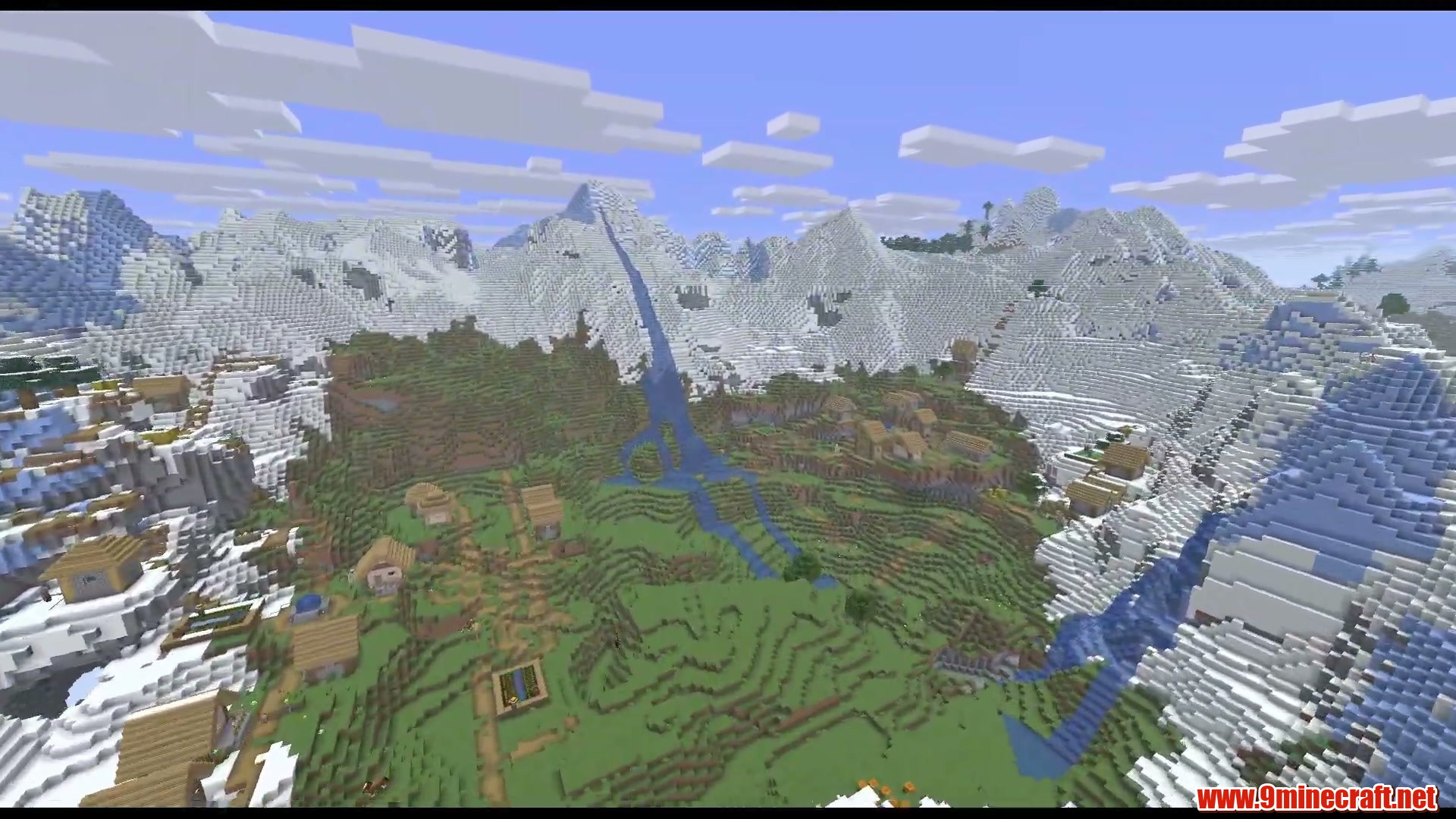 Top 6 Village And Cherry Grove Seeds For Minecraft (26.2, 1.21.11) – Java Edition 3 Snowy mountain village and waterfall near spawn