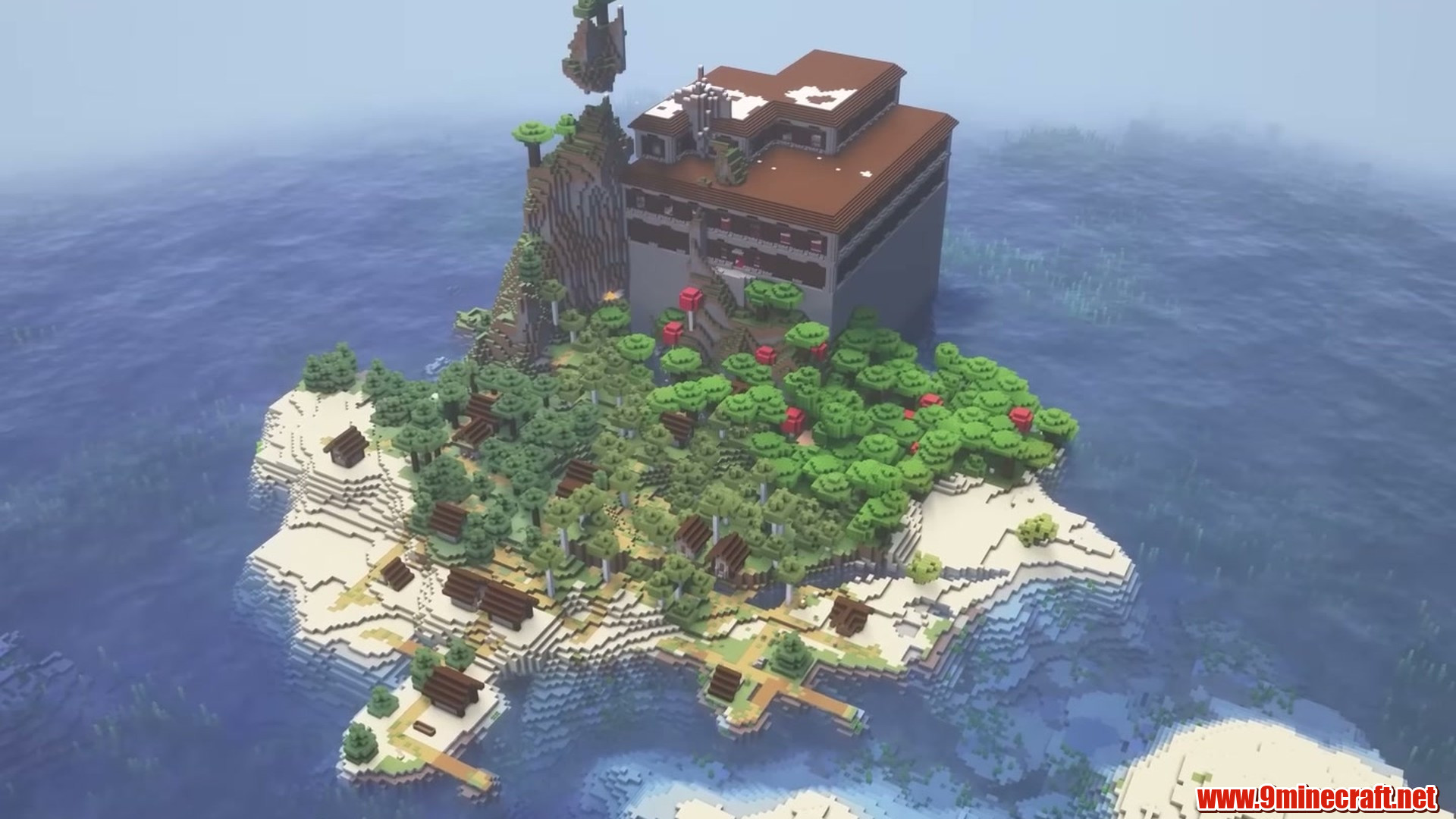 Best Seeds For Minecraft (26.2, 1.21.11) Part 1 – Java/Bedrock Edition 2 Woodland mansion towering over an island village in minecraft seed 6942001038806619429