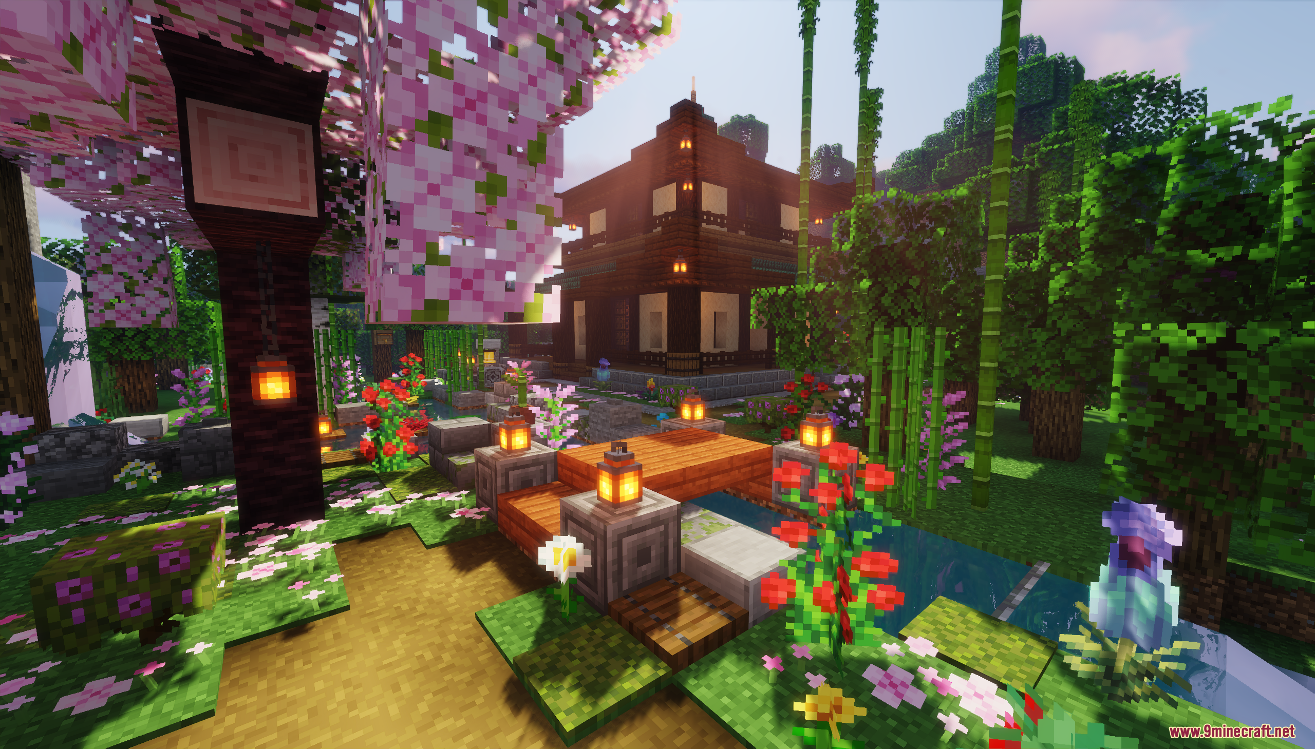Traditional Japanese House Map (26.2, 1.20.1) – A Peaceful Asian Base Ready 2 Pink cherry blossoms and lanterns decorate a garden path near a wooden house