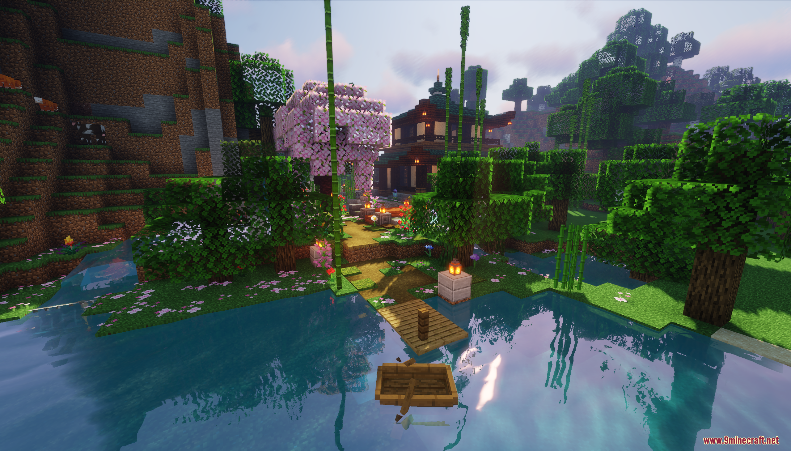 Traditional Japanese House Map (26.2, 1.20.1) – A Peaceful Asian Base Ready 3 A wooden boat floats on a calm lake near a traditional japanese house