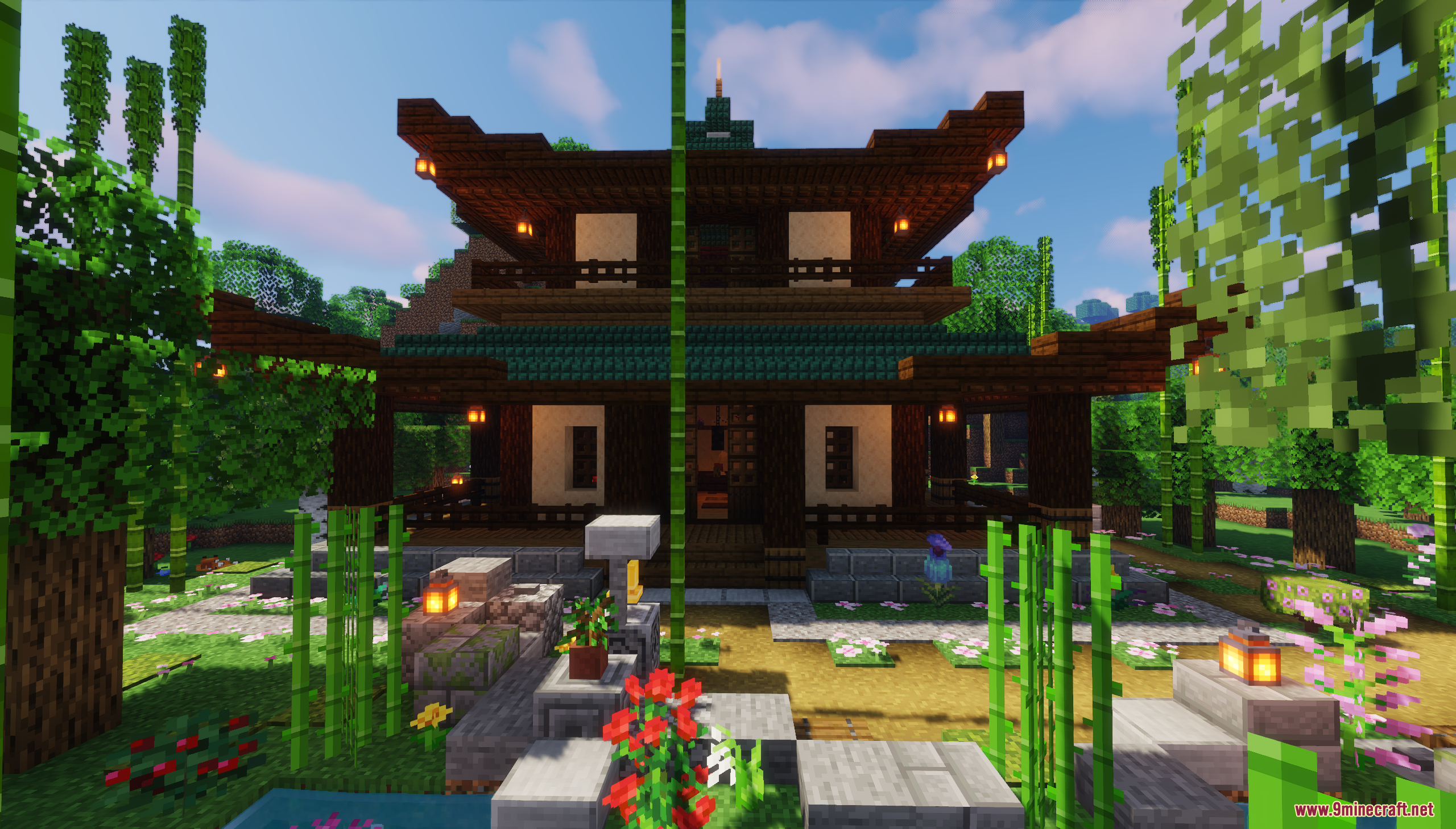 Traditional Japanese House Map (26.2, 1.20.1) – A Peaceful Asian Base Ready 5 Front view of a two story japanese house with lanterns and bamboo garden