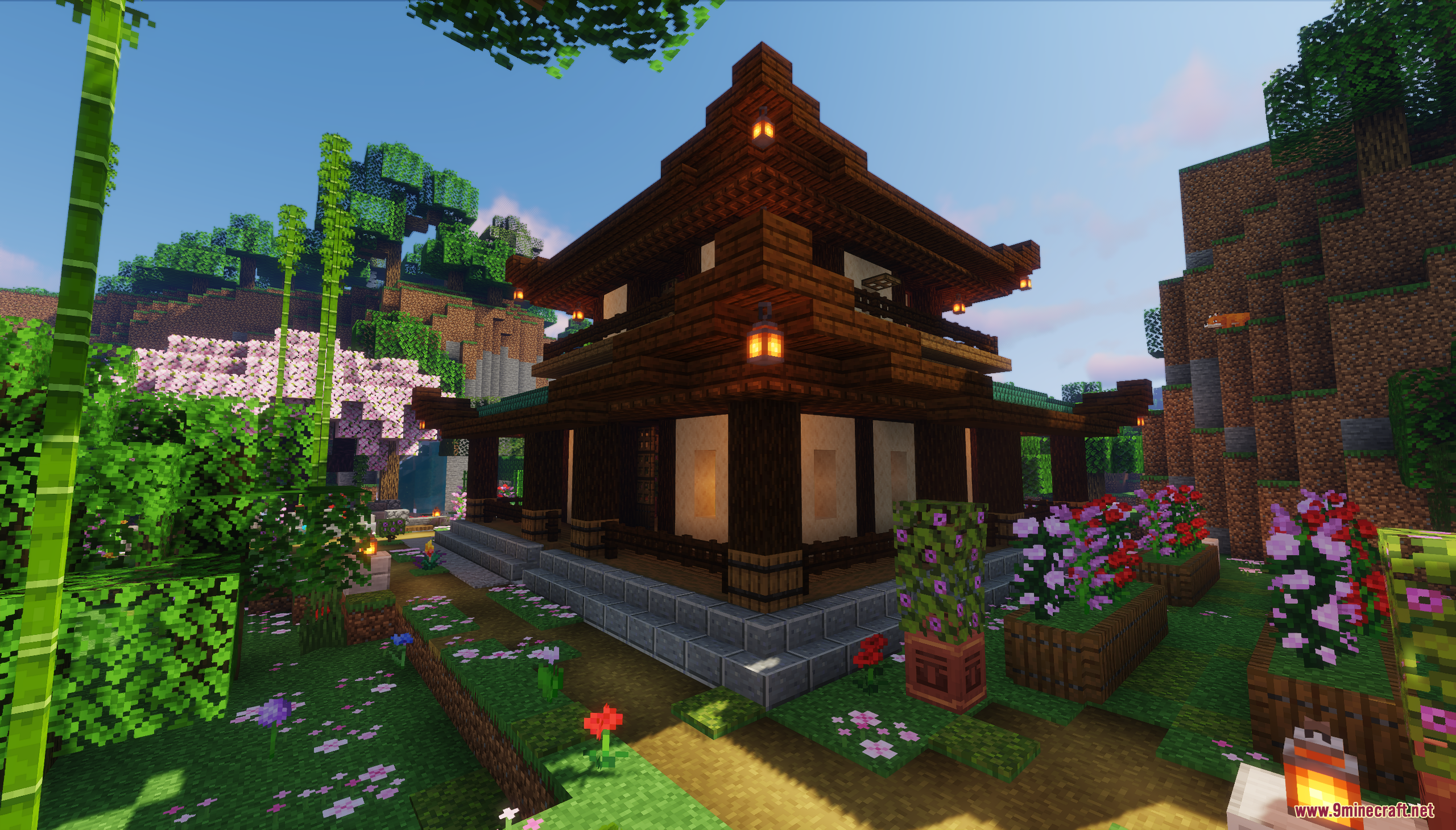Traditional Japanese House Map (26.2, 1.20.1) – A Peaceful Asian Base Ready 7 A traditional japanese house with dark wood walls and a beautiful flower garden