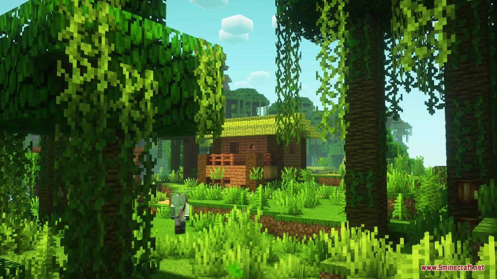 Trusty Tools Resource Pack (1.21.11) – Chunky 3D Tools For A Classic Vanilla 2 A player character walks through a lush jungle towards a small wooden house
