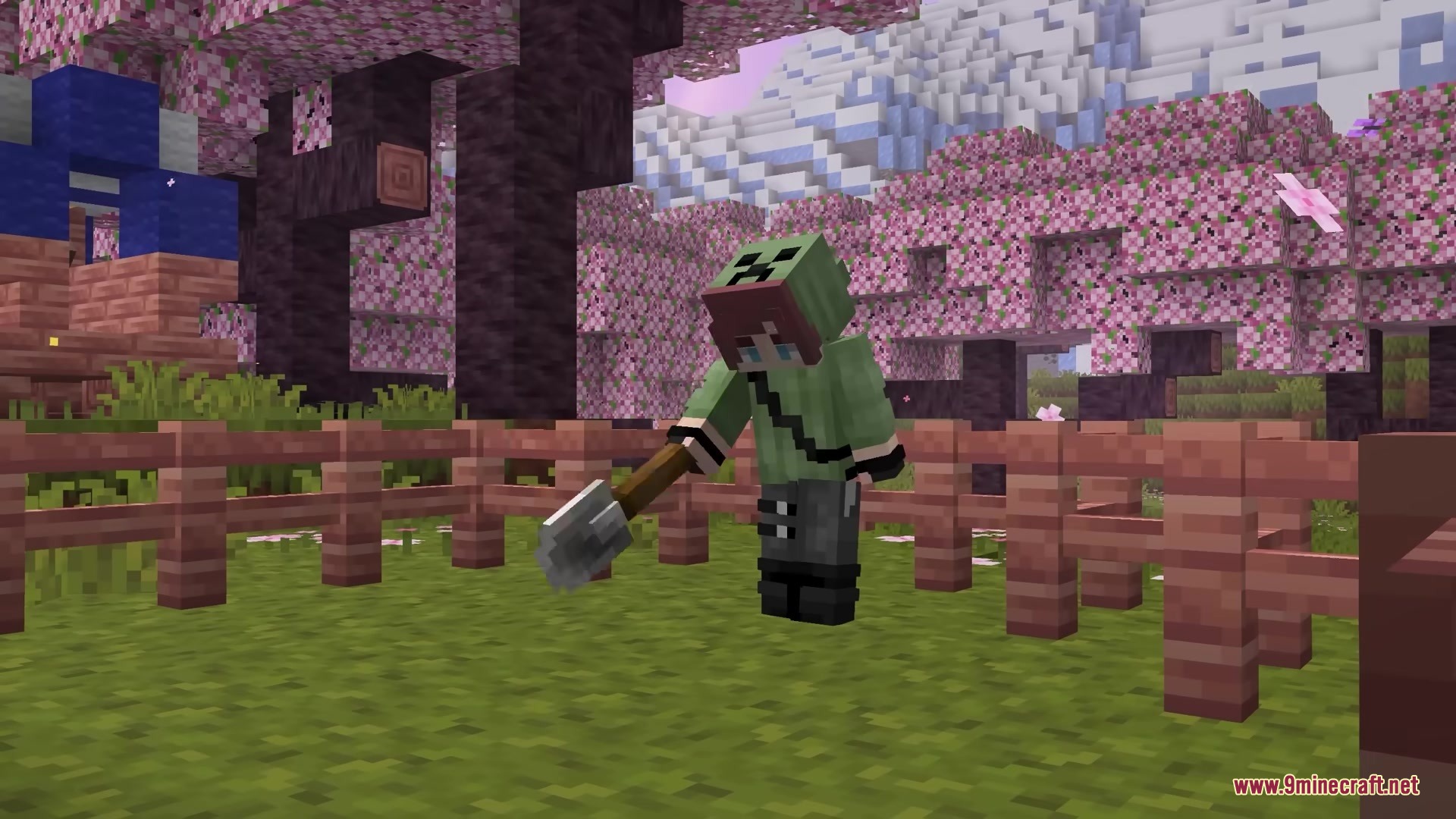 Trusty Tools Resource Pack (1.21.11) – Chunky 3D Tools For A Classic Vanilla 12 A player character holding a detailed 3d shovel near a wooden fence