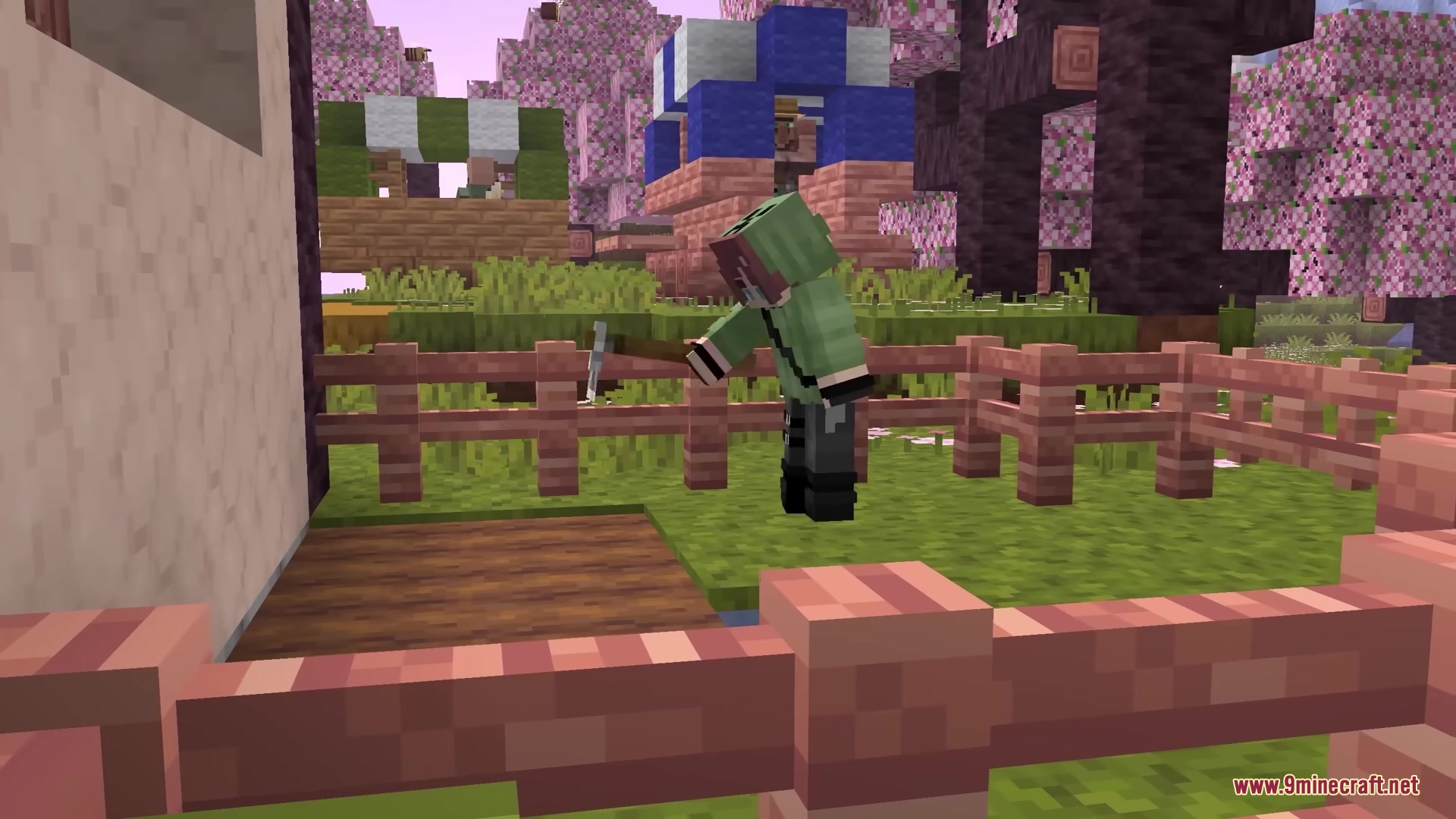 Trusty Tools Resource Pack (1.21.11) – Chunky 3D Tools For A Classic Vanilla 13 Minecraft player using a 3d hoe to till soil in a garden
