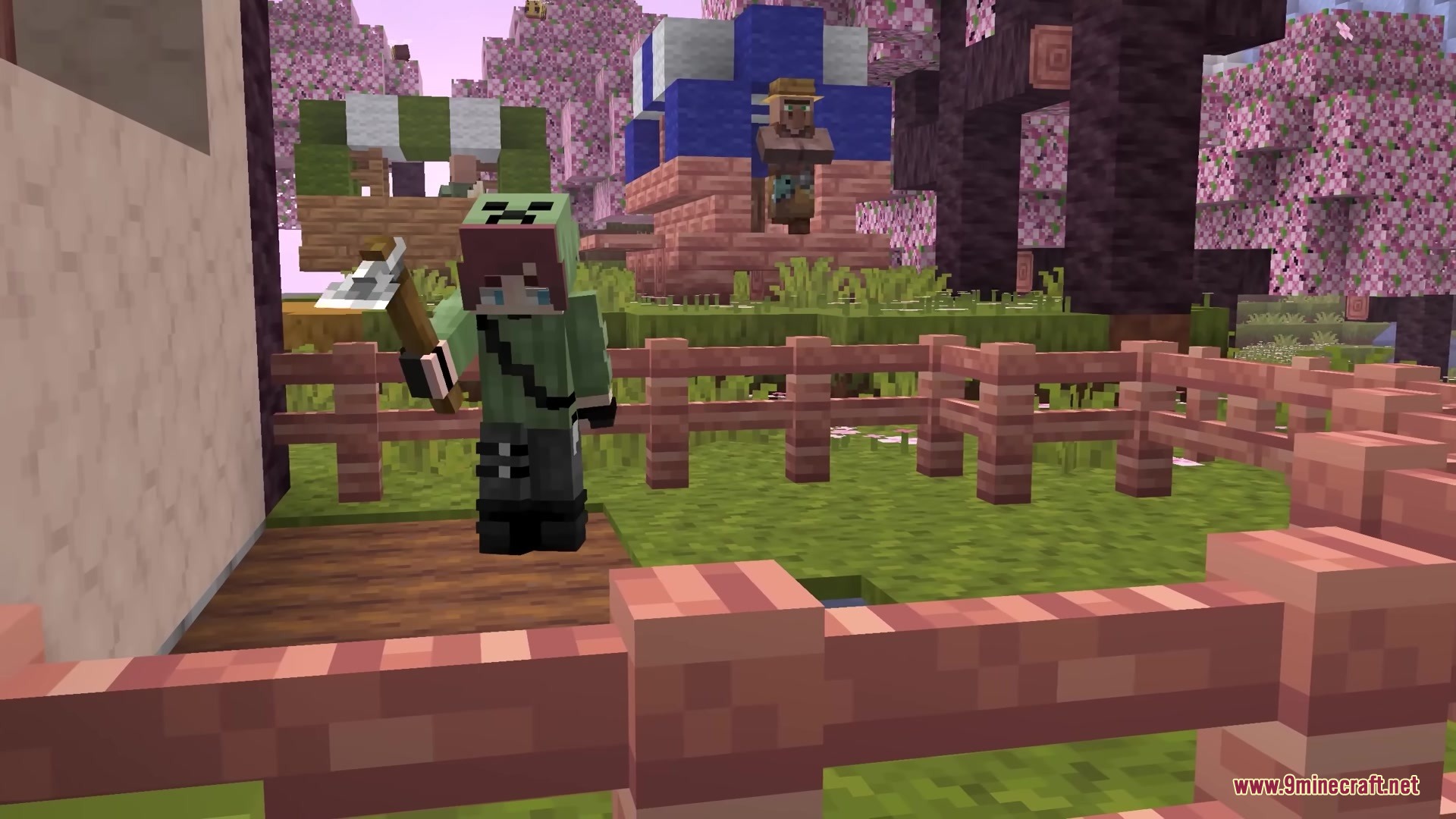 Trusty Tools Resource Pack (1.21.11) – Chunky 3D Tools For A Classic Vanilla 14 A player holding a chunky 3d axe tool in a cherry blossom biome