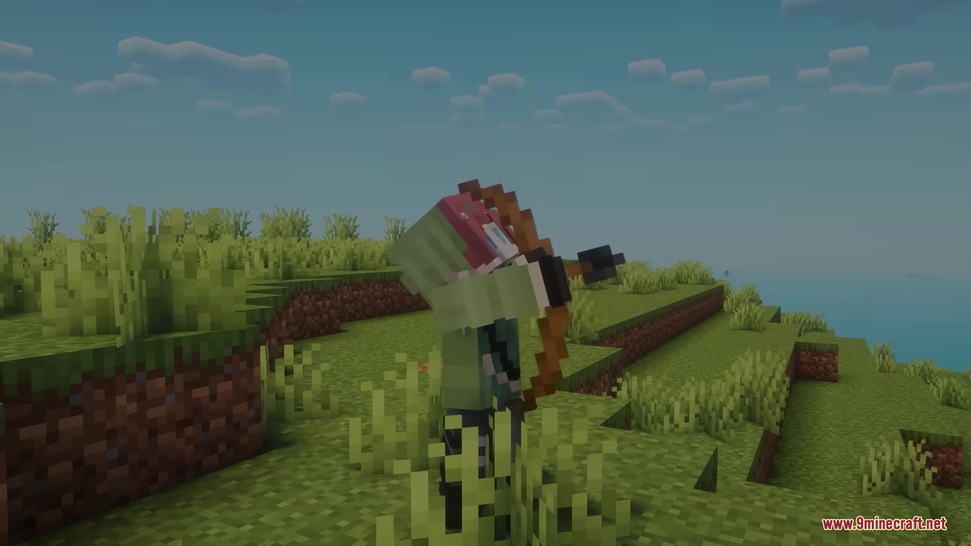Trusty Tools Resource Pack (1.21.11) – Chunky 3D Tools For A Classic Vanilla 9 A player character aiming a detailed 3d bow in a grassy field
