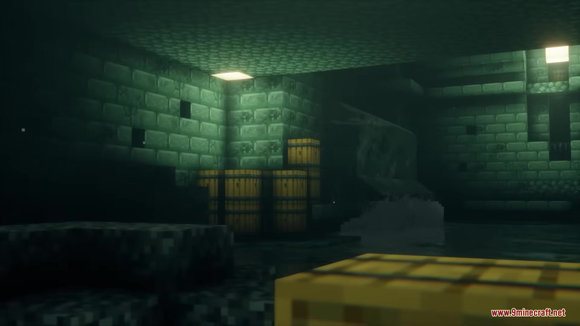 Interior of an ancient sewer with stone walls and various storage barrels