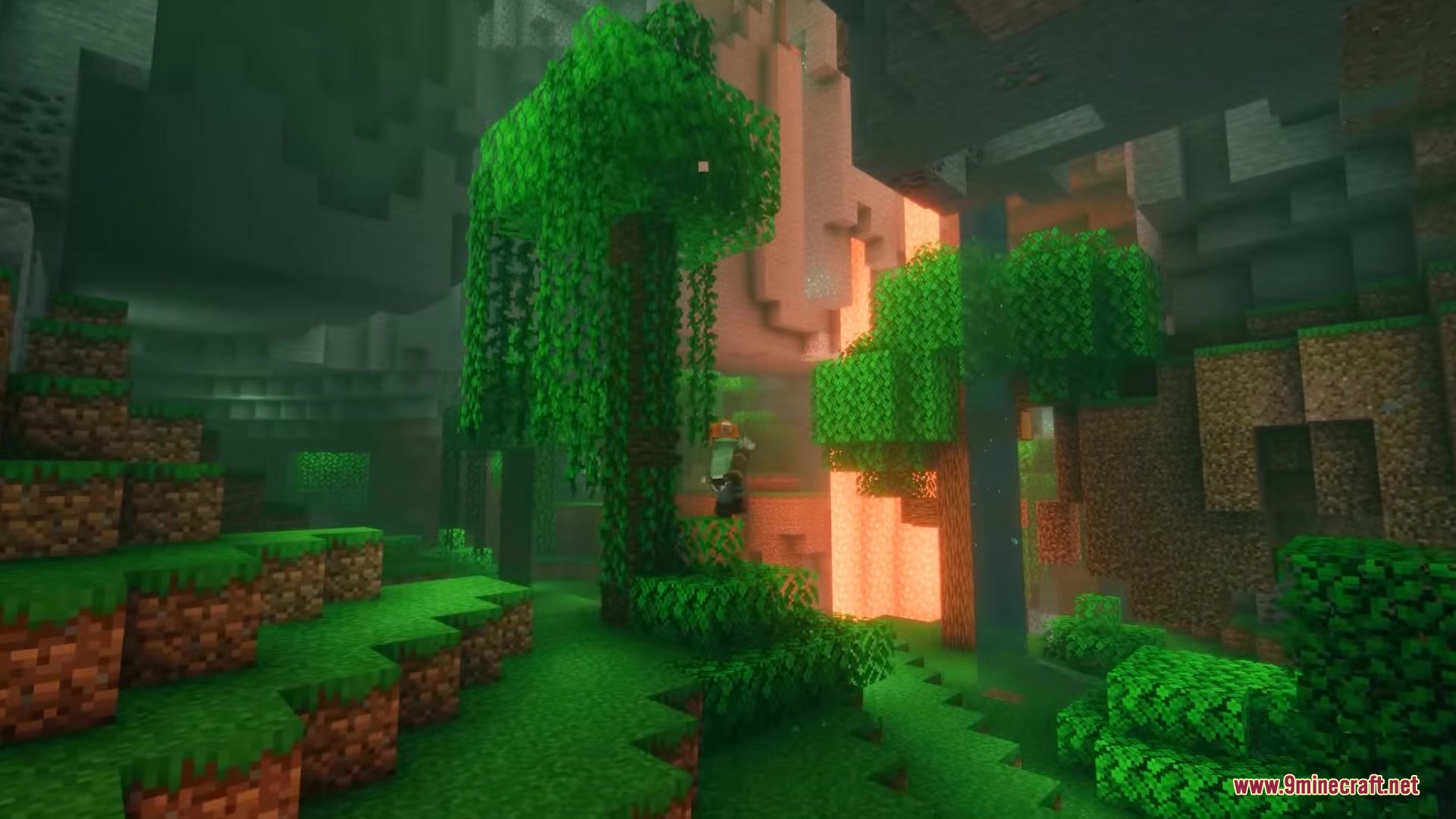 Undermod adds a lush underground forest biome with vines and sunlight