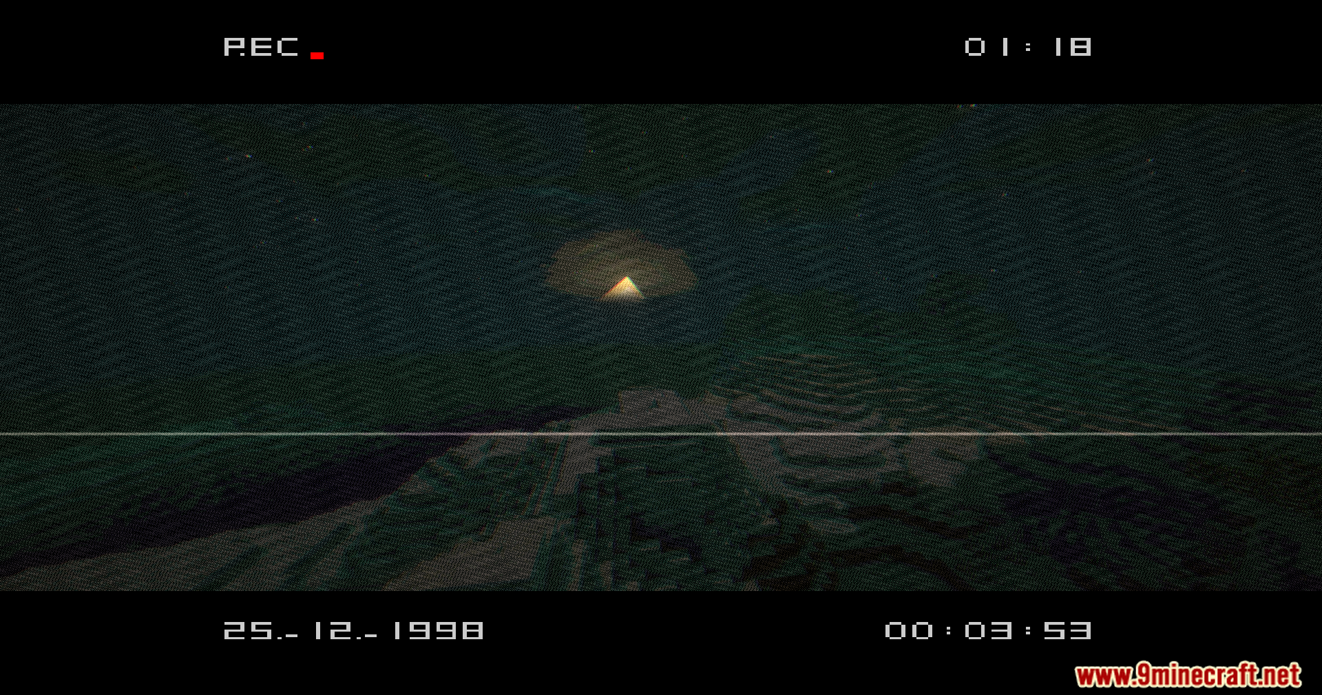 Vhs X Bsl Shaders (1.20.1) – Analog Noise And Vhs Tape Distortion 5 A mysterious glowing pyramid seen at night through a grainy vhs lens