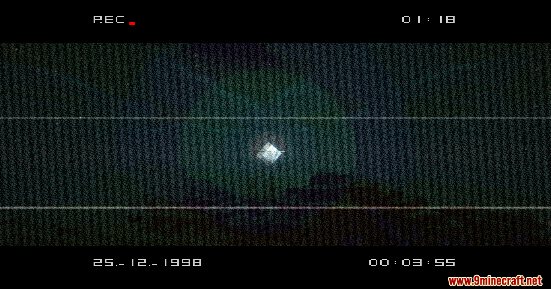 Vhs X Bsl Shaders (1.20.1) – Analog Noise And Vhs Tape Distortion 6 Vhs bsl shaders showing a mysterious glowing cube in a dark world