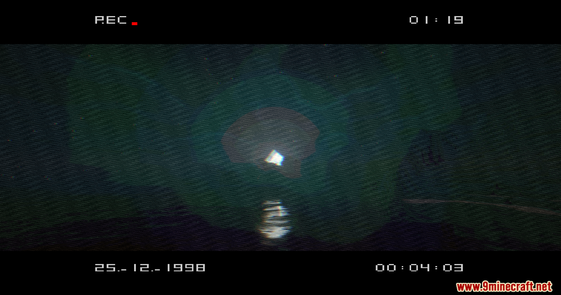 Vhs X Bsl Shaders (1.20.1) – Analog Noise And Vhs Tape Distortion 7 Mysterious glowing cube reflecting on water with retro camcorder visual effects