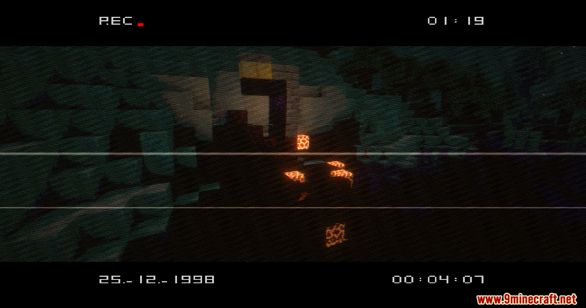Vhs X Bsl Shaders (1.20.1) – Analog Noise And Vhs Tape Distortion 8 A ruined portal glows in the dark forest with retro vhs camera effects