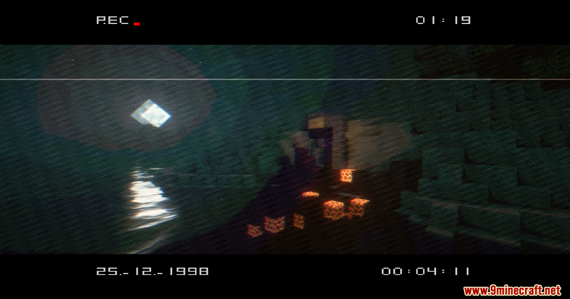 Vhs X Bsl Shaders (1.20.1) – Analog Noise And Vhs Tape Distortion 9 The square moon reflects on water near a ruined portal with vhs filters