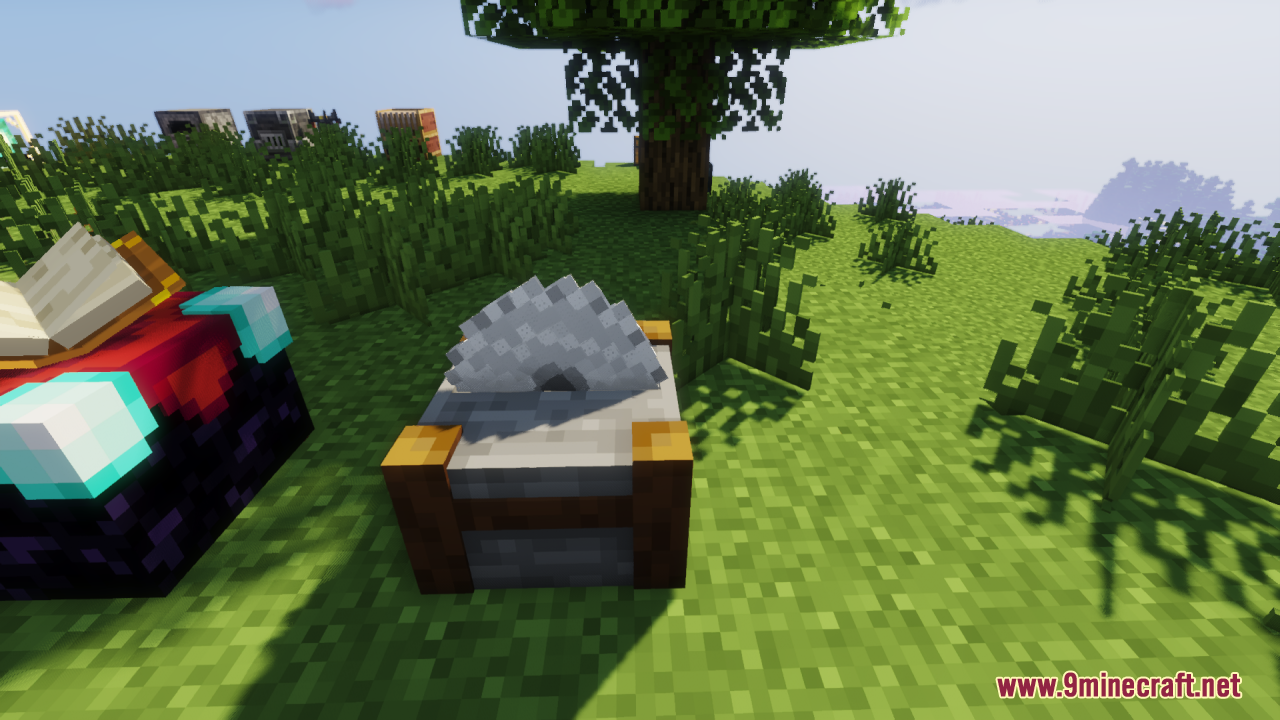 A stonecutter block with a 3d saw blade from vanilla 3d extension