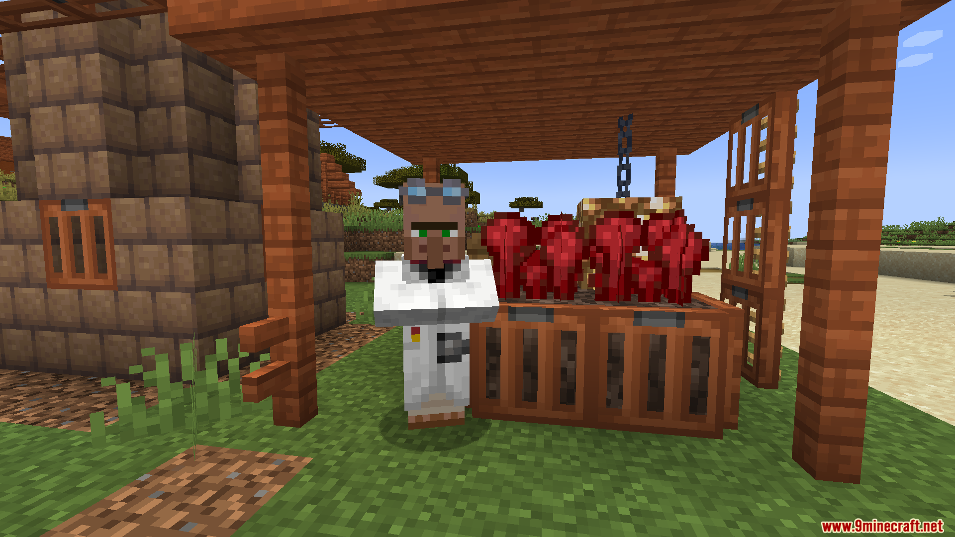 An alchemist villager wearing a lab coat standing near a nether wart brewing station