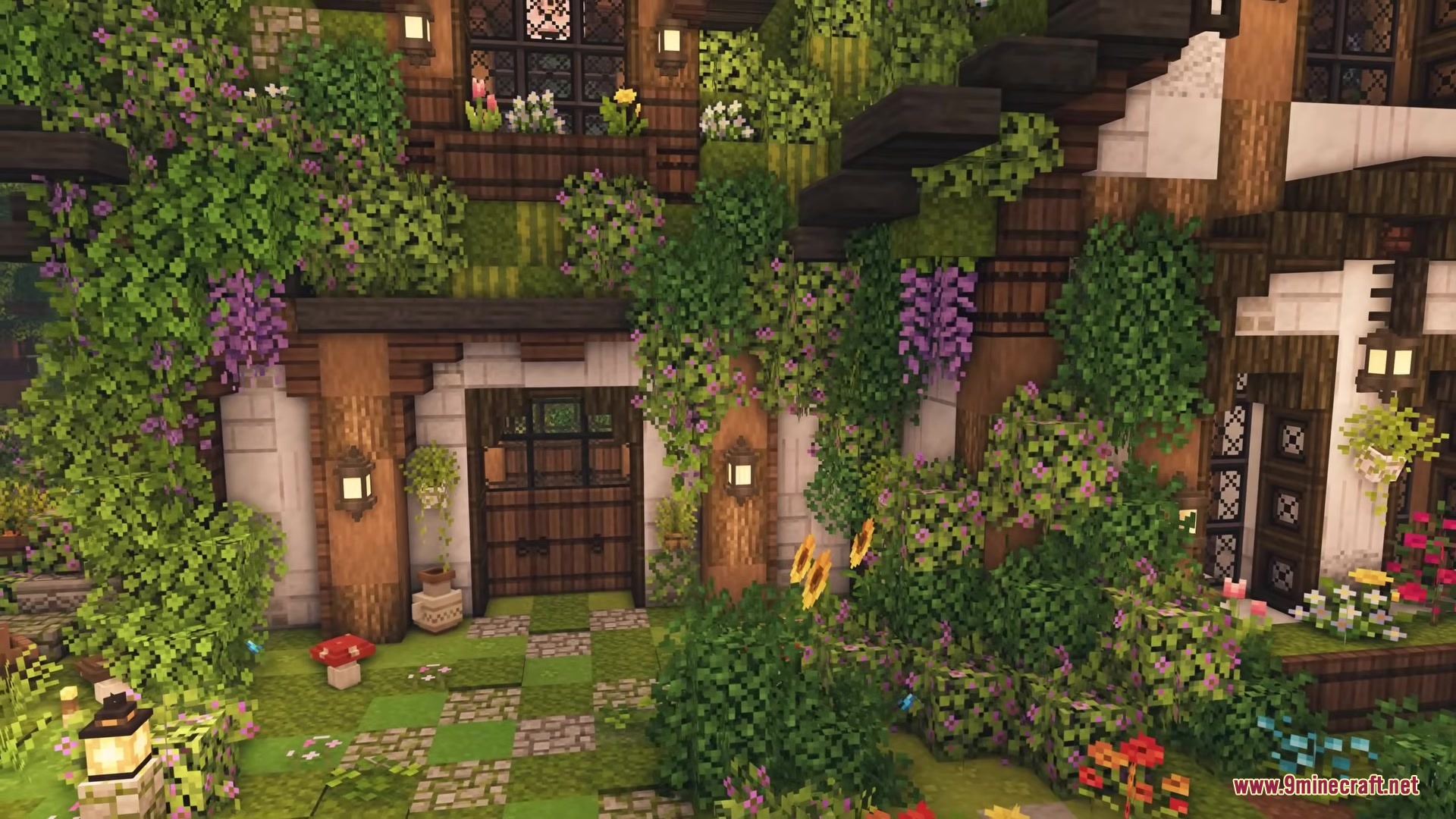 Rustic wooden house facade covered in thick green vines and flowers