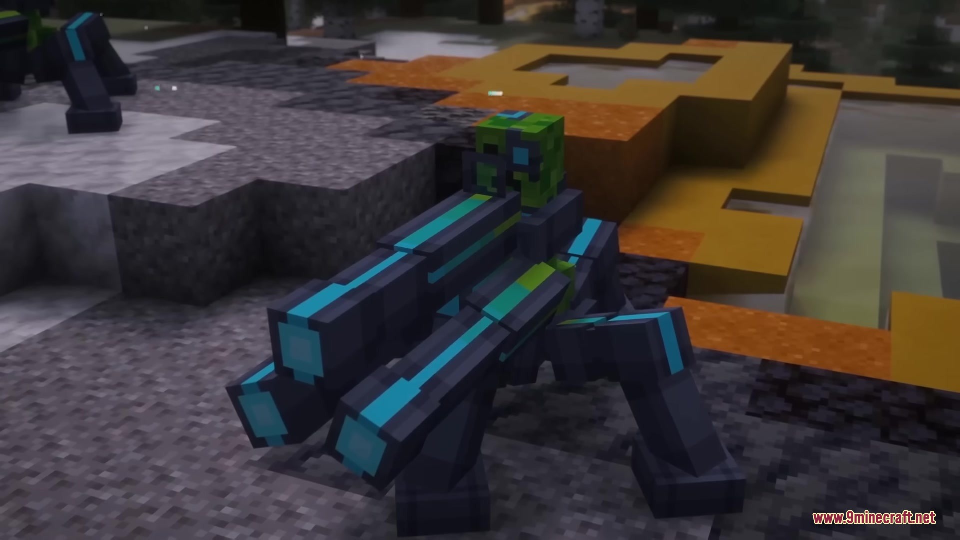 The eradicator boss from welcome player mod stands on a rocky surface
