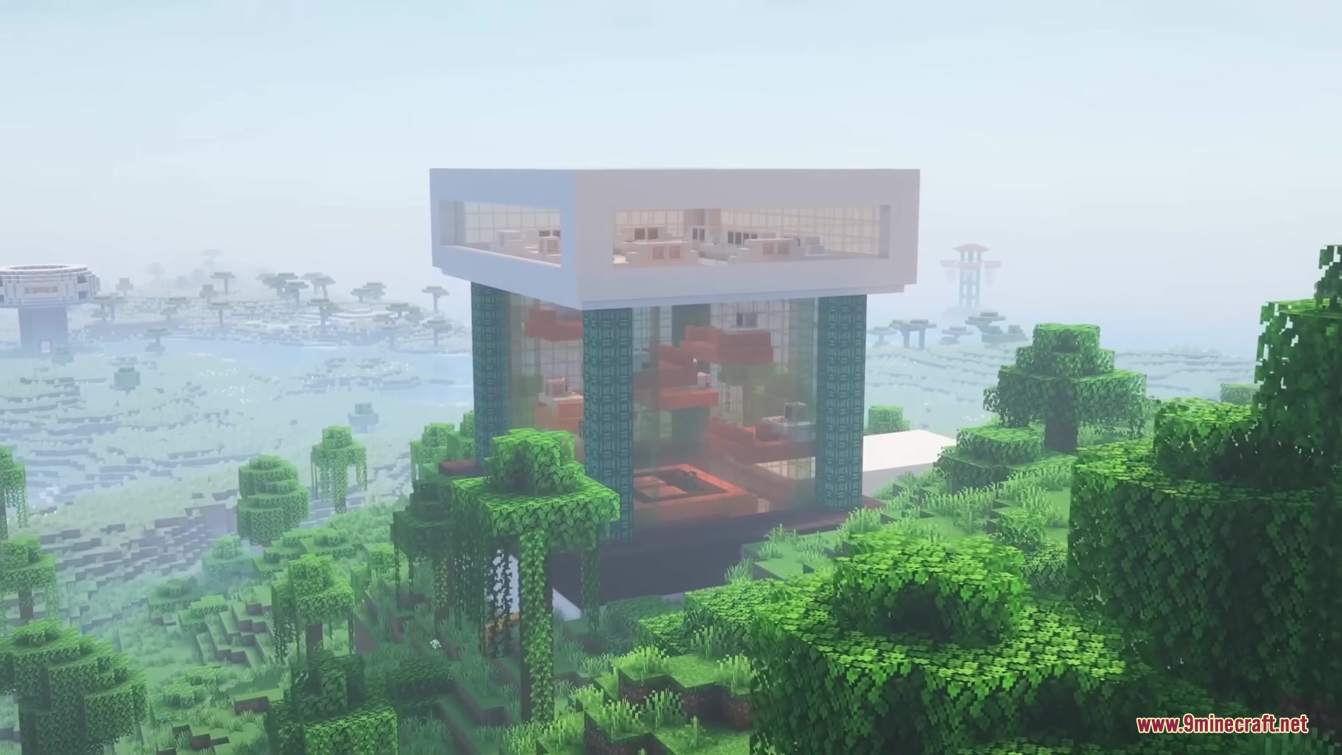 A large retro scifi building with white frames and glass walls in minecraft