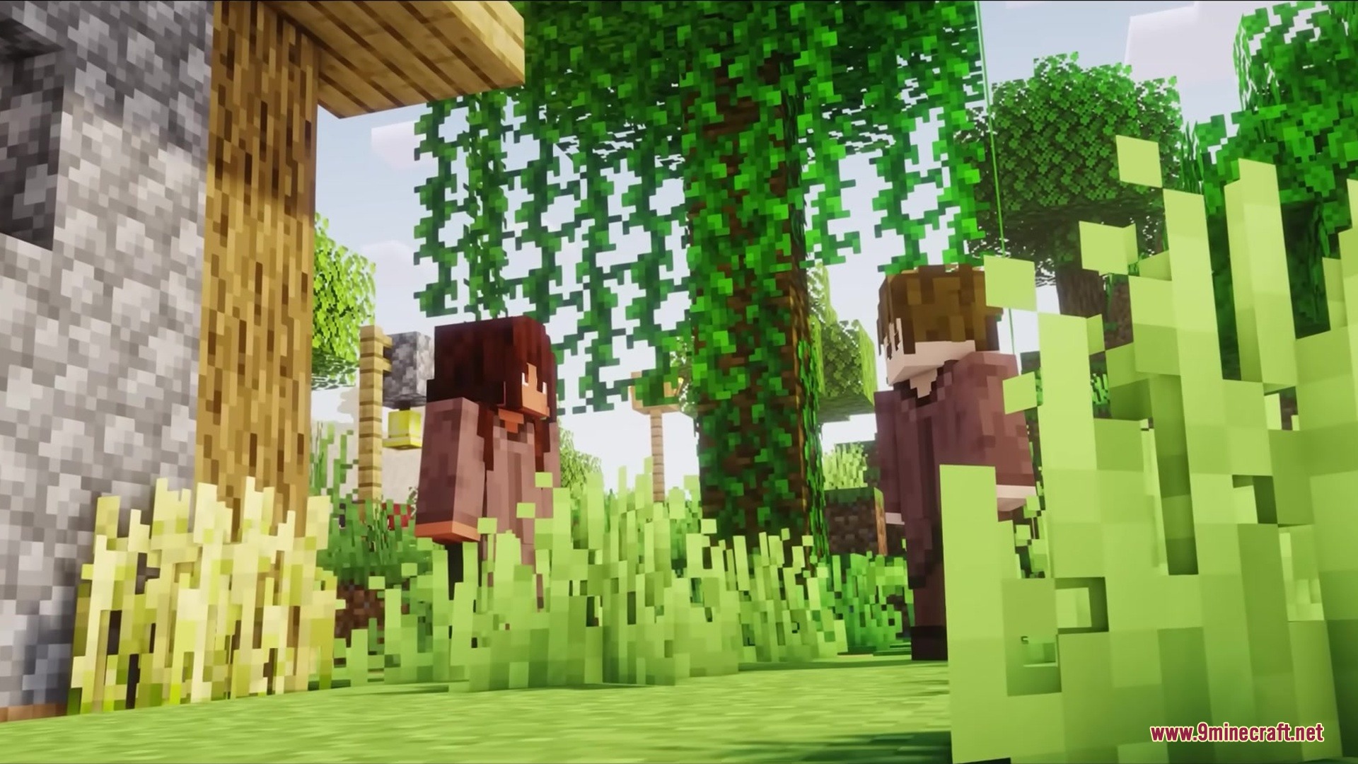Wither Boss Summoning Animation Resource Pack (1.18.2) 12 Two minecraft characters standing in a lush forest near a stone building