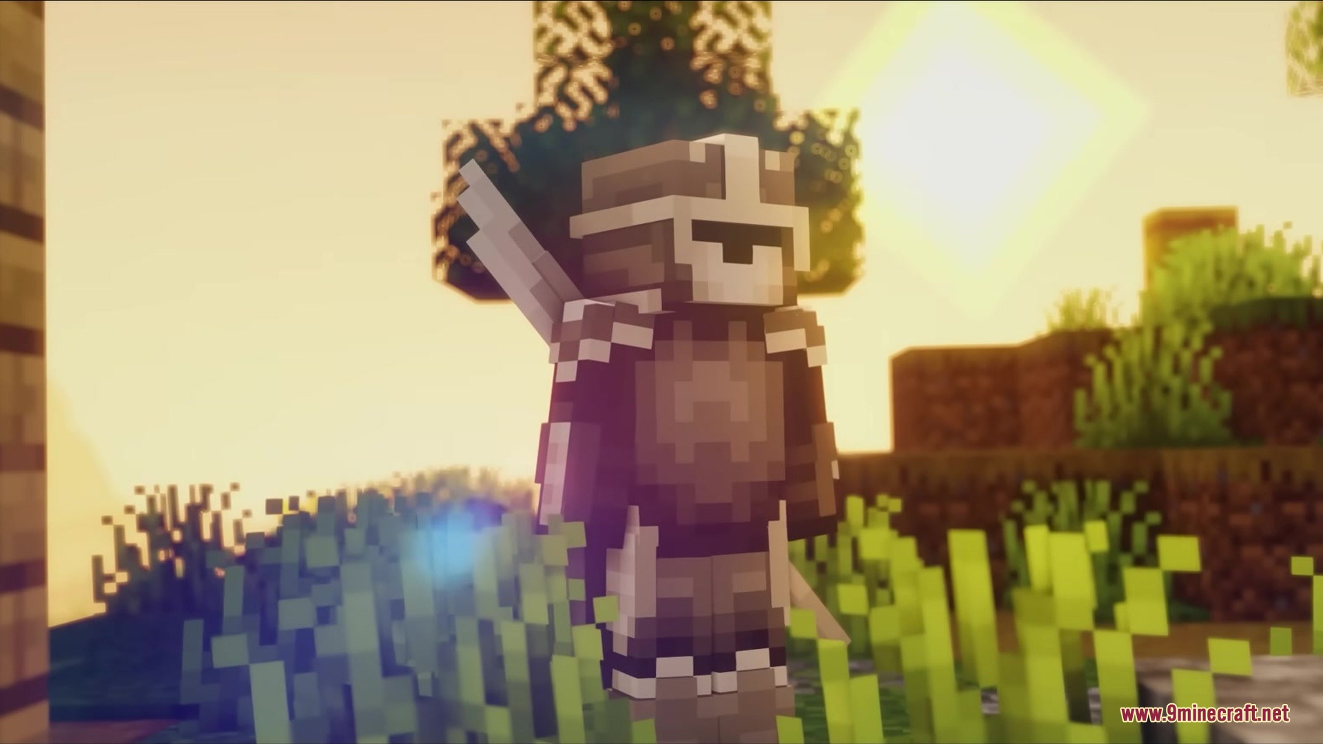 Wither Boss Summoning Animation Resource Pack (1.18.2) 14 A knight in dark armor stands in a grassy field during a warm sunset