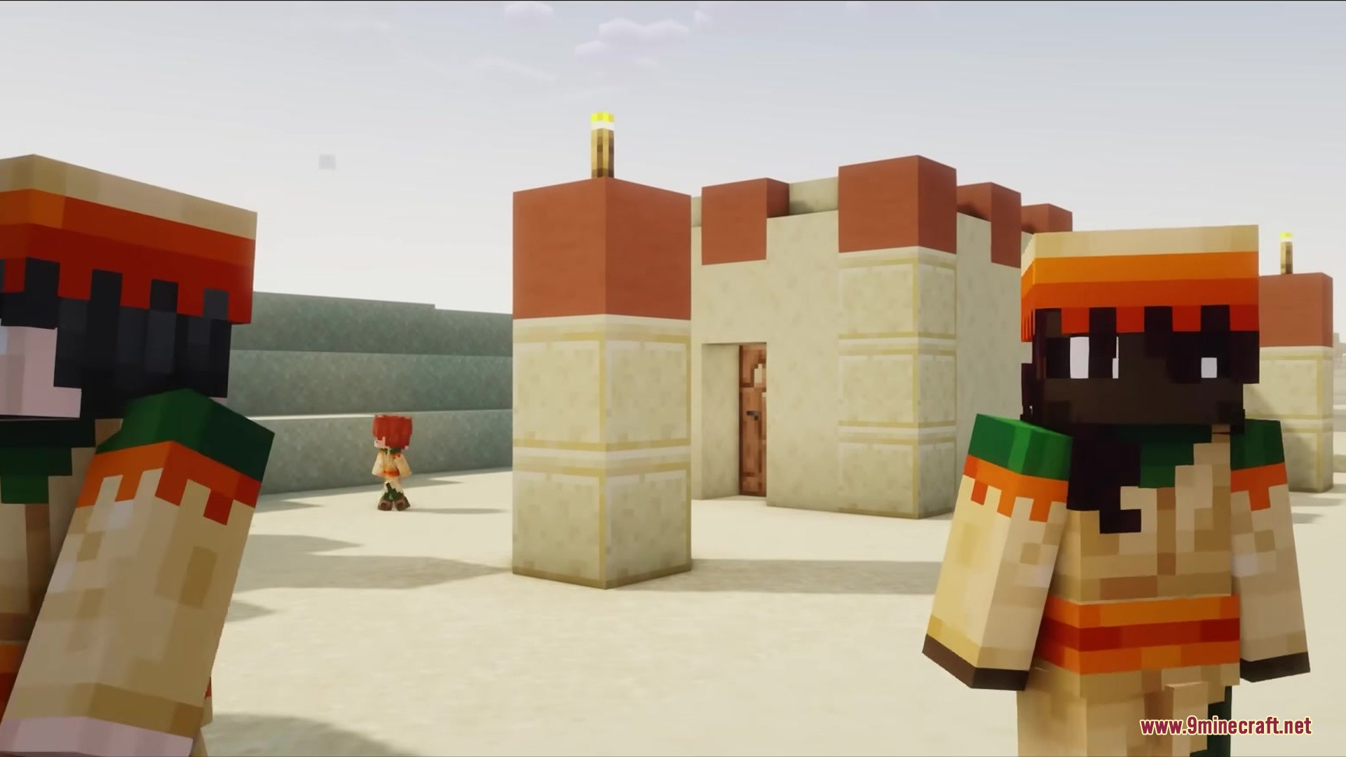 Wither Boss Summoning Animation Resource Pack (1.18.2) 5 Minecraft characters exploring a desert village with small sandstone buildings