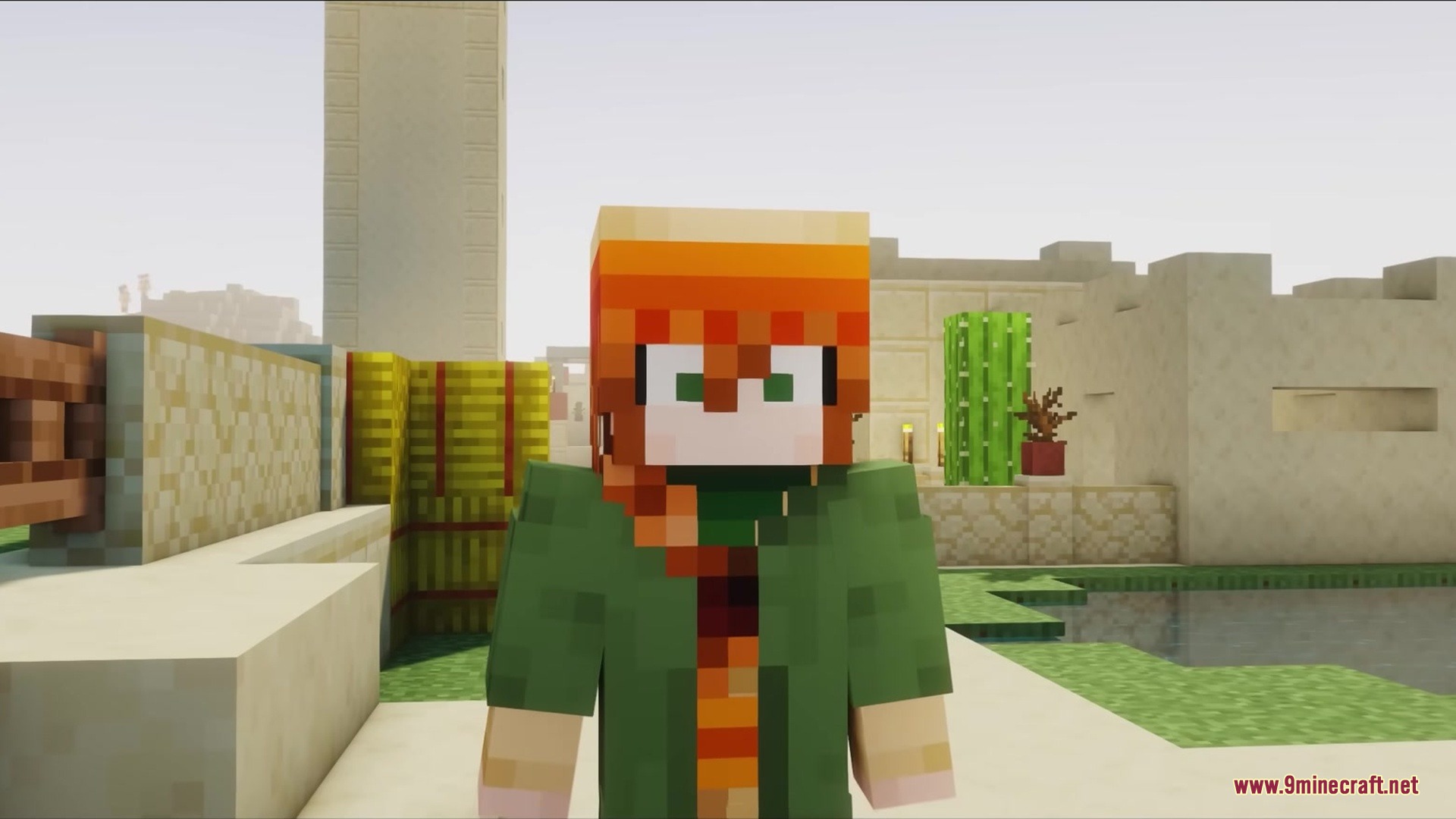 Wither Boss Summoning Animation Resource Pack (1.18.2) 8 A minecraft character with orange hair stands in a sunny desert village