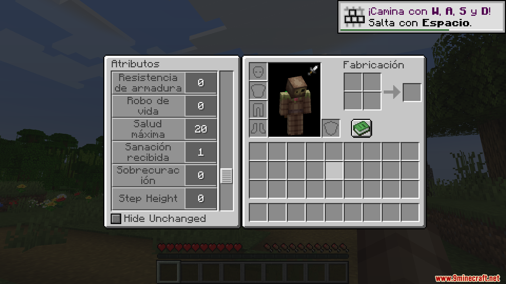 Minecraft inventory screen displaying character attributes translated into the spanish language