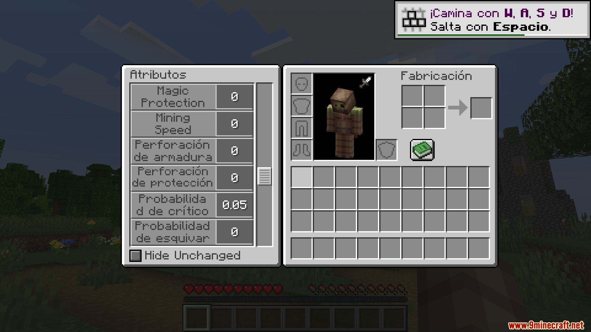 The minecraft attribute menu showing combat and mining stats in spanish