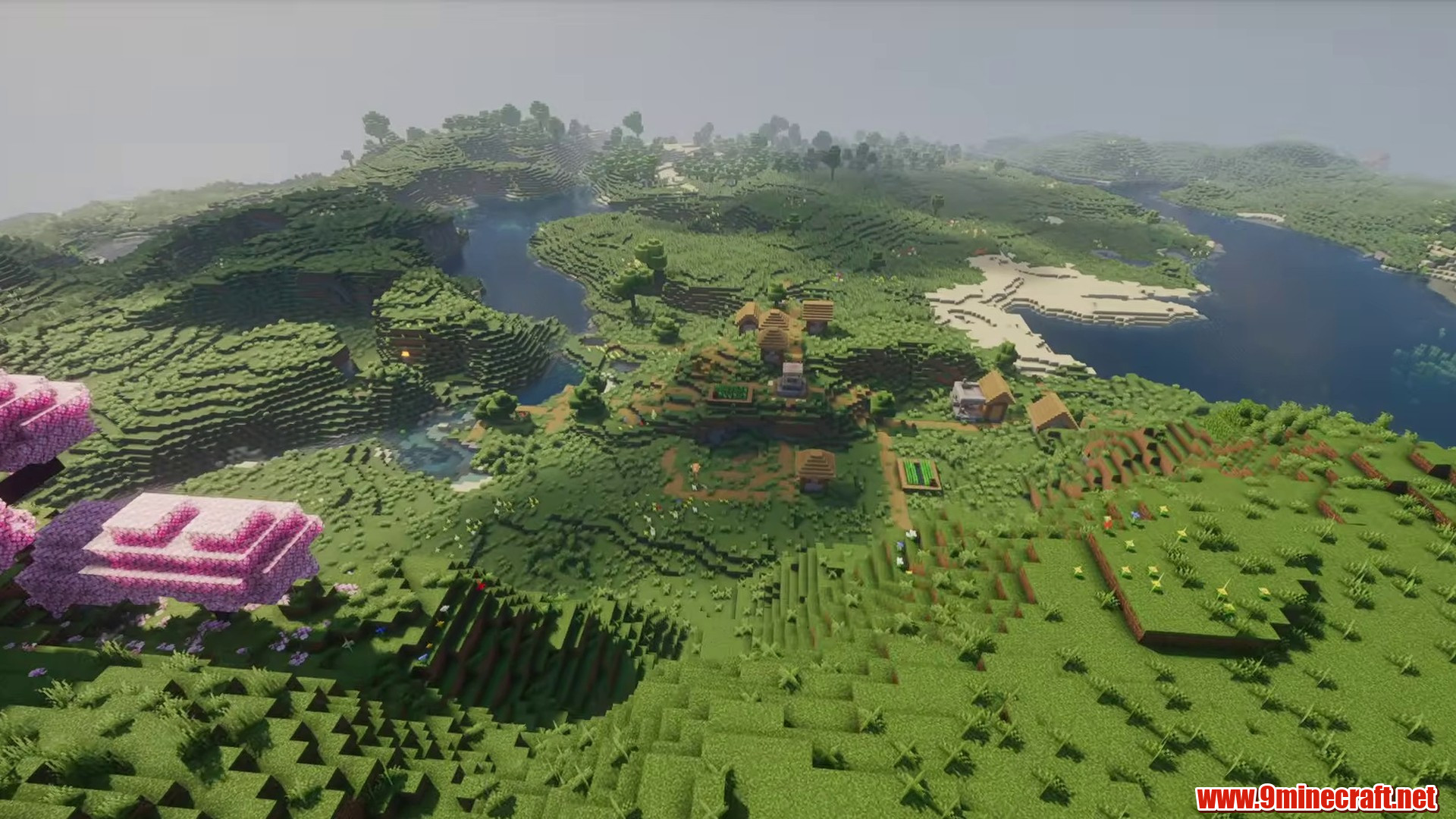 12 Minecraft Seeds With Naturally Perfect Building Terrain (26.2, 1.21.11) – Java/Bedrock Edition 9 Large plains canvas with a cherry grove backdrop