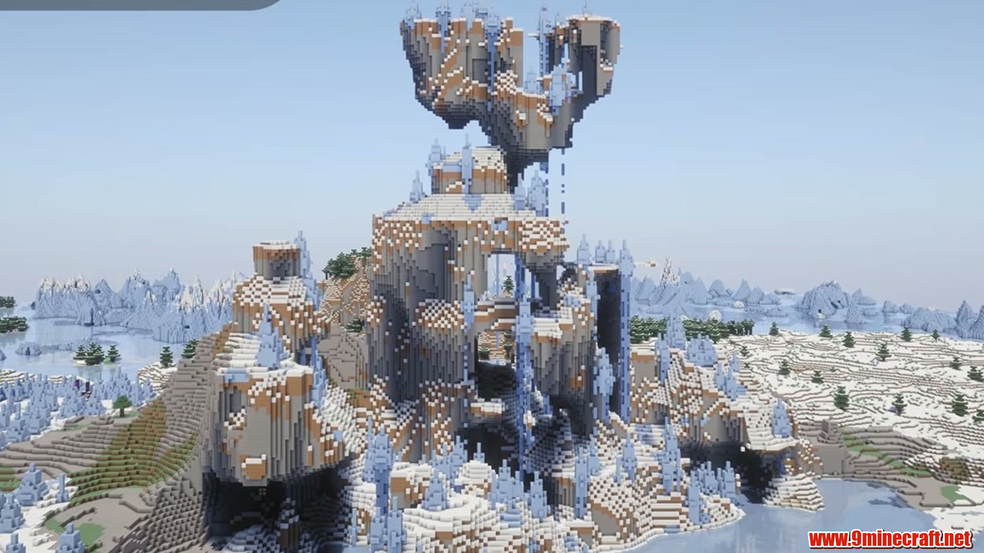 Icebound Peaks And Lonely Islands: Wild Minecraft Seeds (26.2, 1.21.11) – Java/Bedrock Edition 12 150 block tall ice mountain, with a massive icicle from the top to the bottom in minecraft seed 8144877040668690370