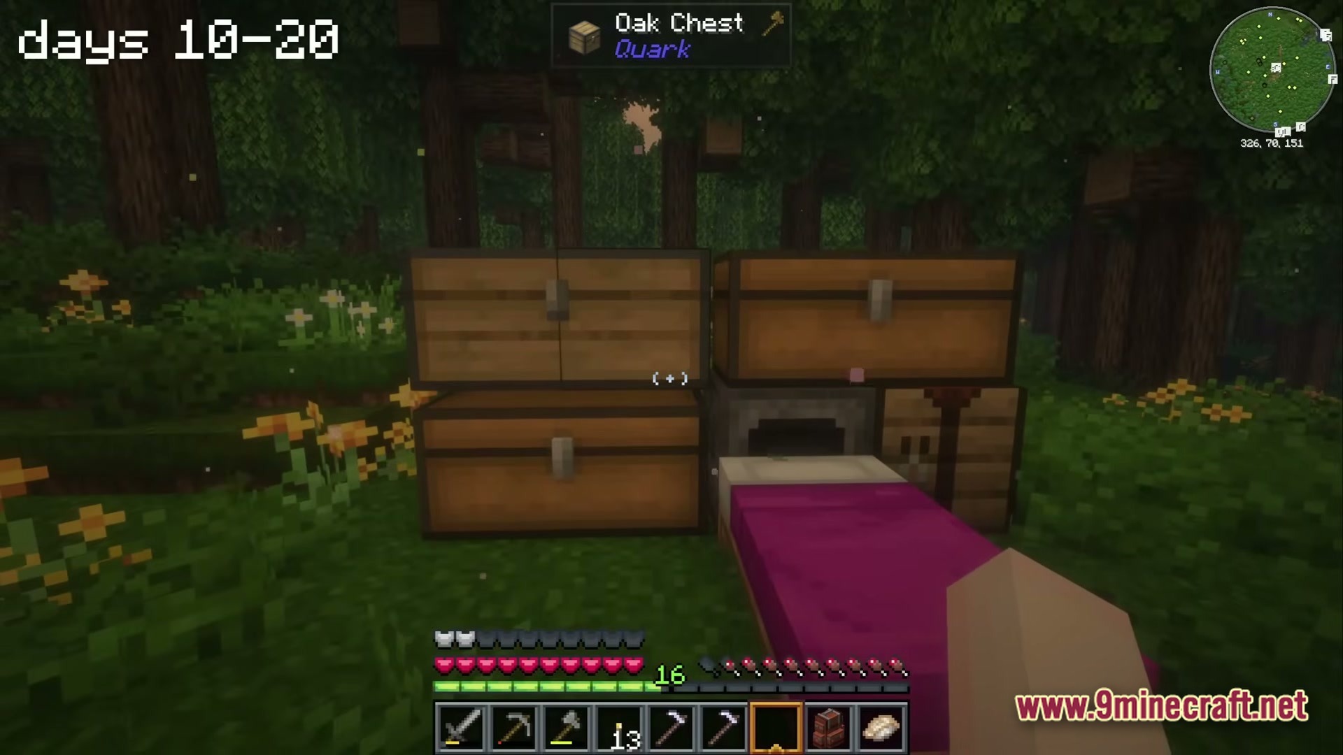 A small outdoor base featuring chests, a furnace, a crafting table, and a purple bed