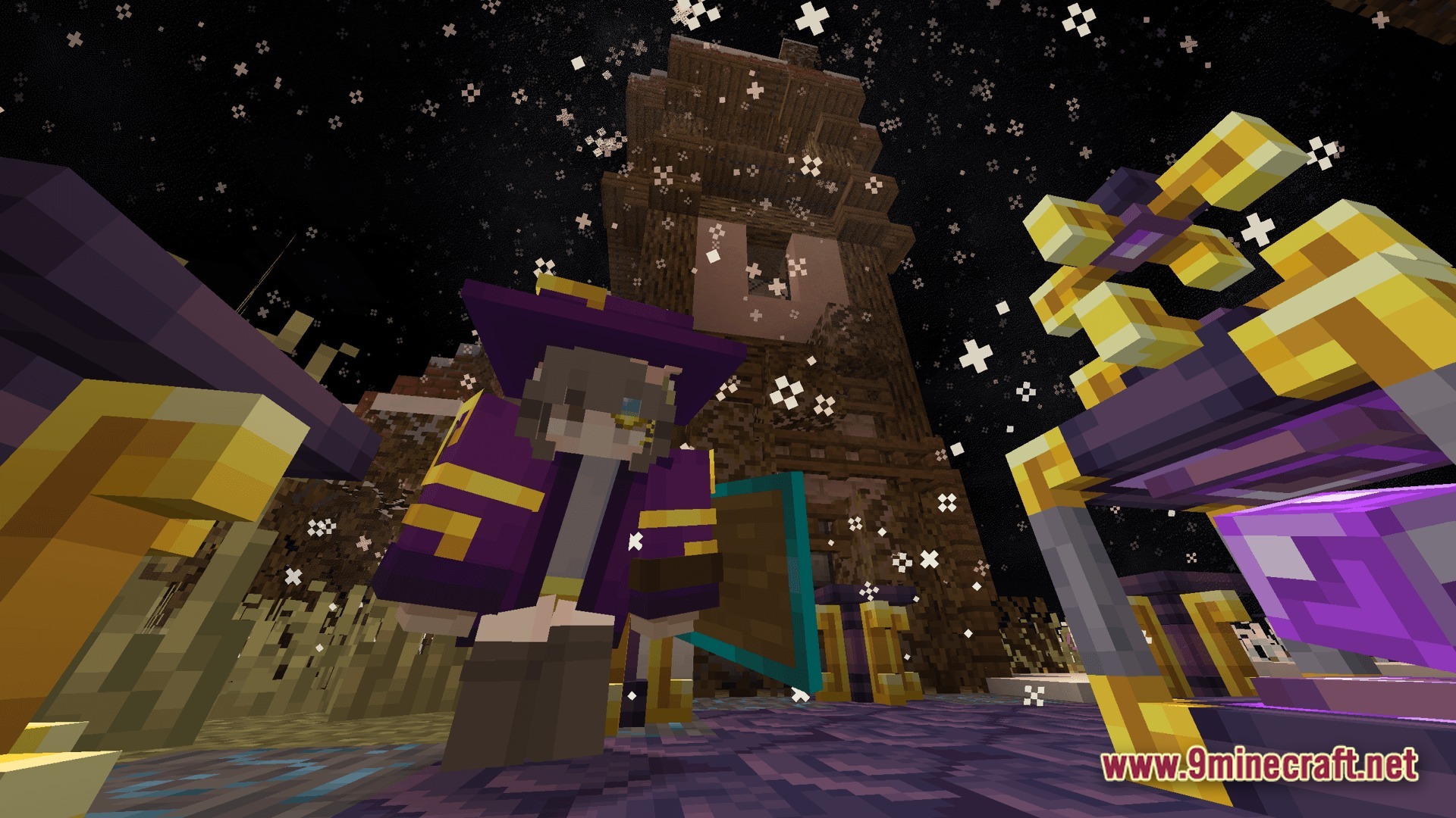 A player character in wizard robes stands before a wooden tower under a starry night sky