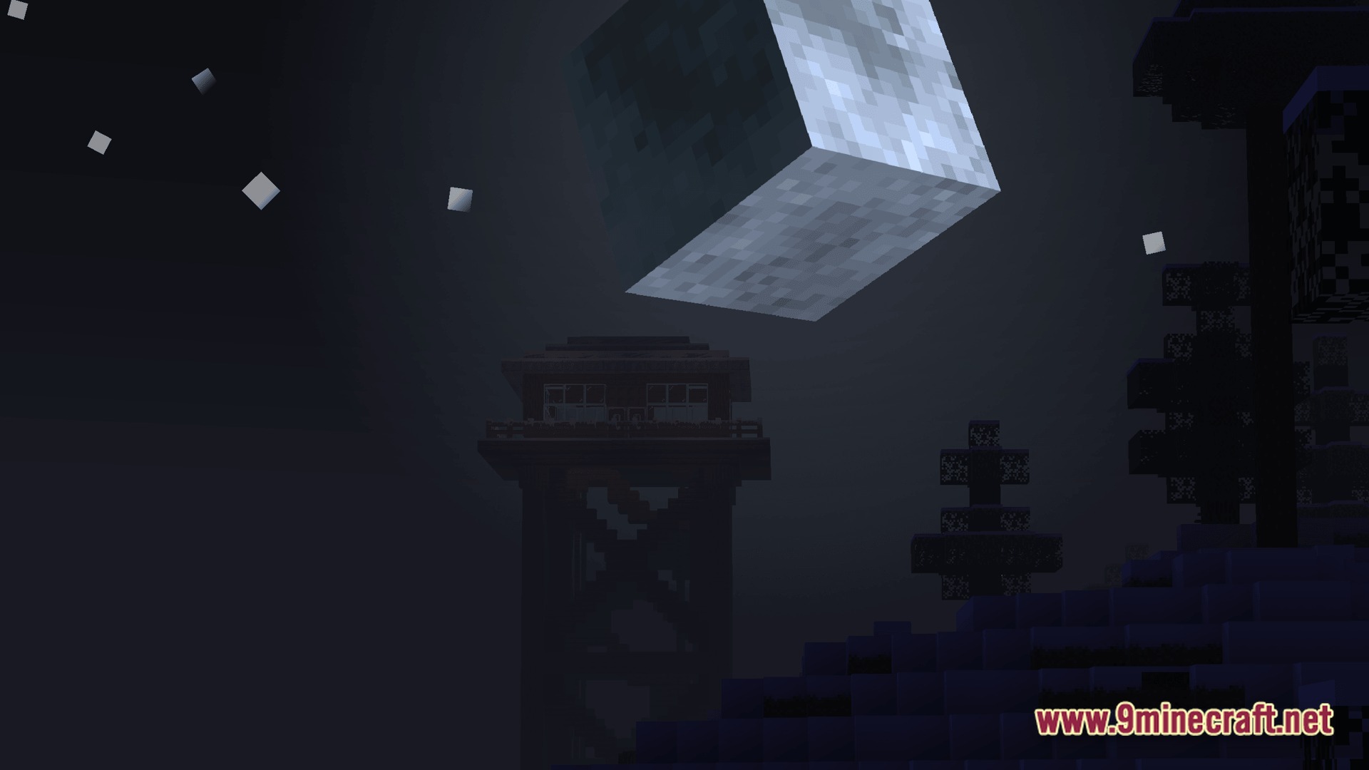 A large cubic moon hangs over a dark landscape featuring a tall wooden watchtower structure