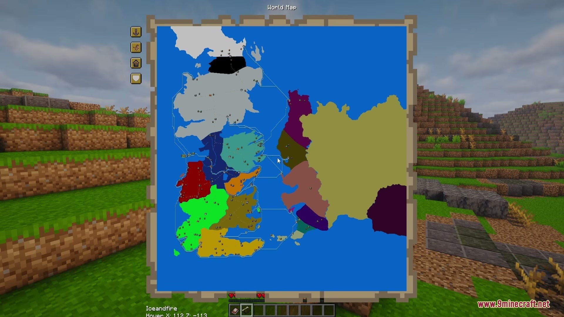 A Game Of Blocks Mod (1.21.1) – Rule Your Own Medieval Kingdom 3 Player viewing a custom world map with colored regions representing different medieval kingdoms