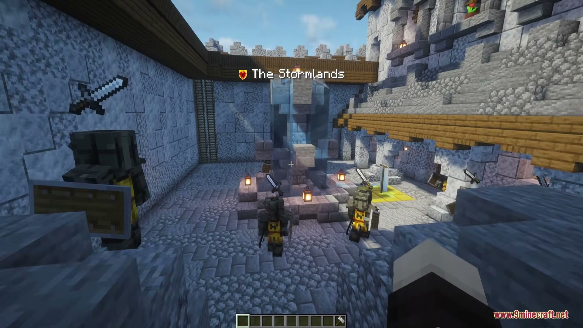 A Game Of Blocks Mod (1.21.1) – Rule Your Own Medieval Kingdom 8 Armored soldiers stand in a medieval castle courtyard near a stone fountain