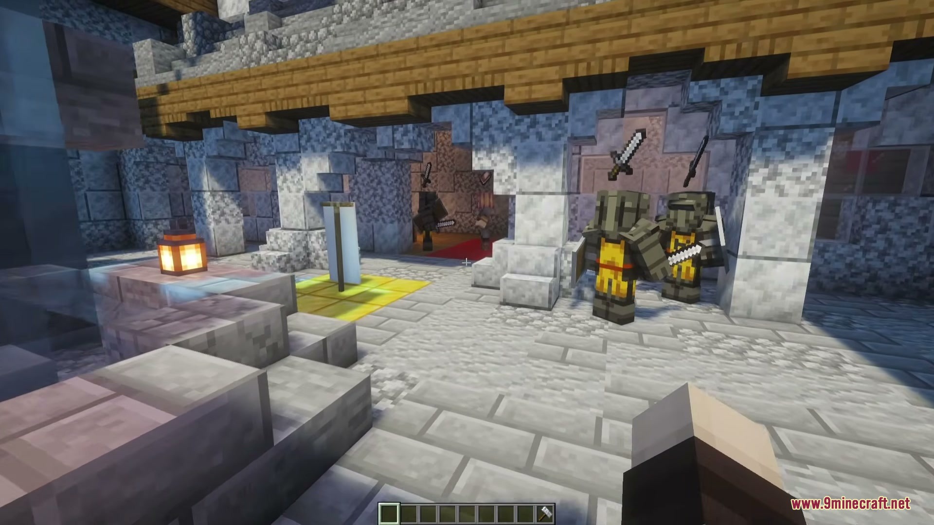 A Game Of Blocks Mod (1.21.1) – Rule Your Own Medieval Kingdom 10 Armored guards standing in a stone courtyard with a white banner