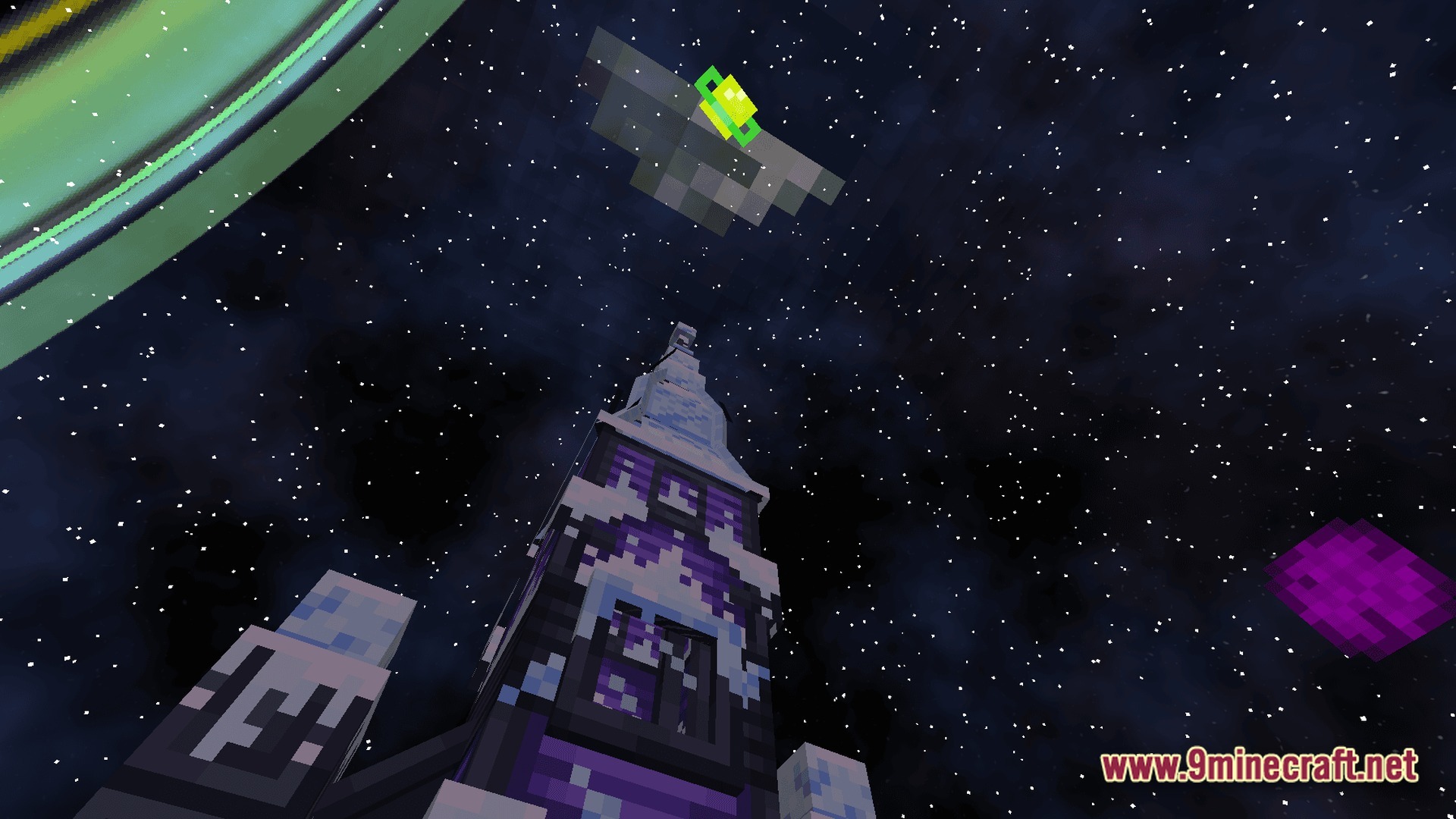 A tall purple tower stands under a starry night sky with celestial bodies and a flying mob