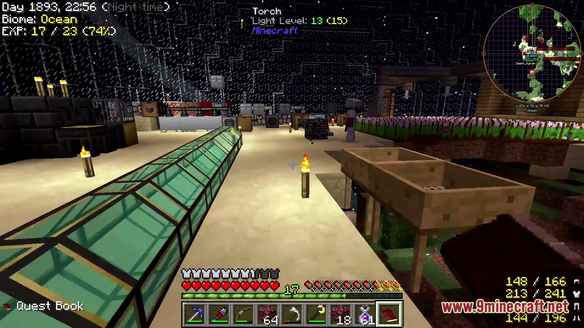 A player stands inside a glass-domed base featuring various machines, crops, and a detailed heads-up display