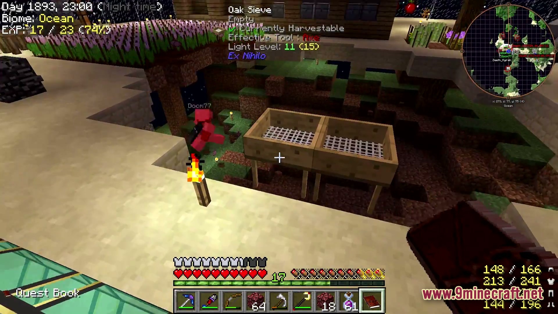 Two ex nihilo oak sieves placed on a platform in an ocean biome at night