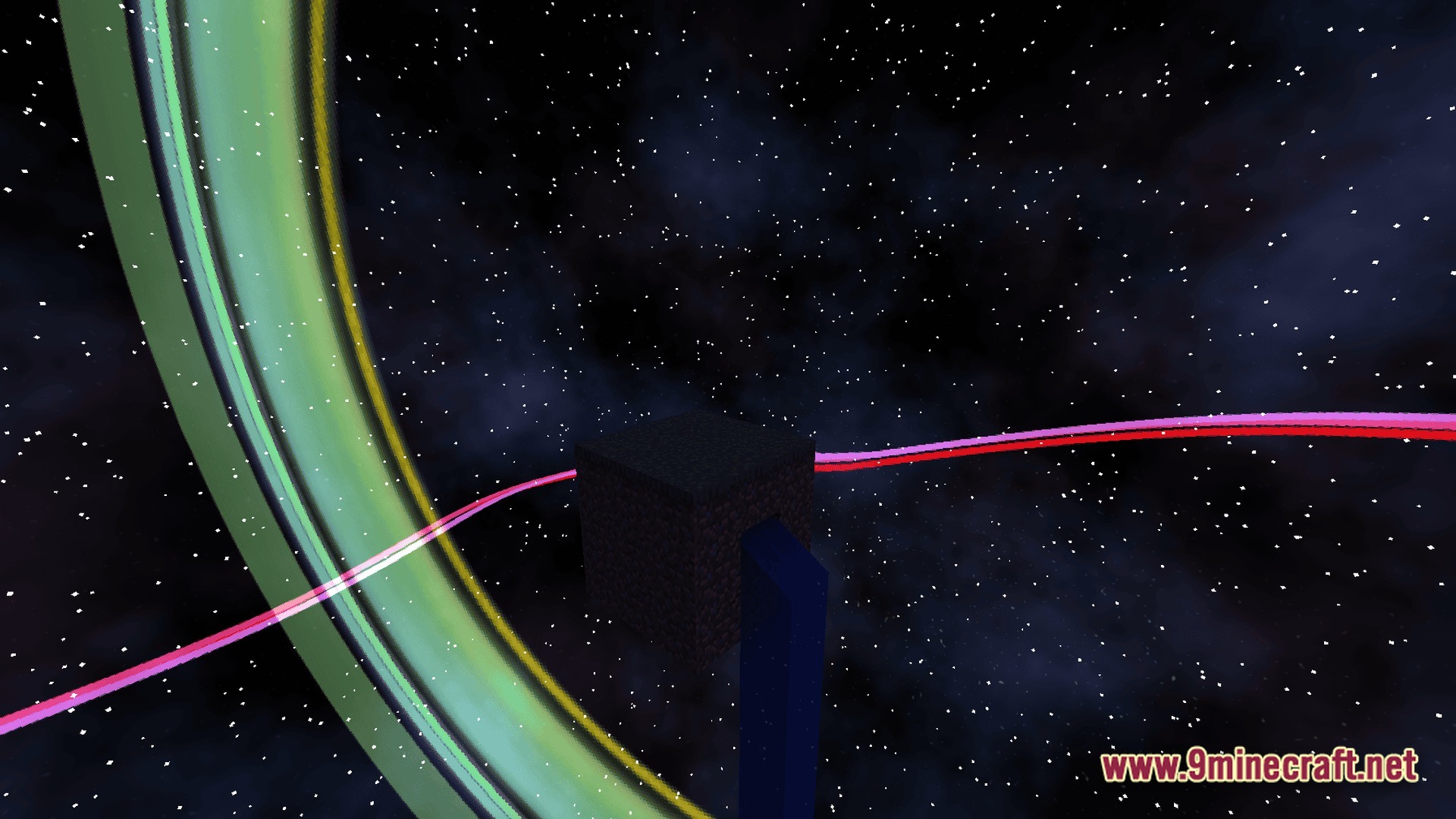 A dark stone platform floats in a space dimension surrounded by colorful orbital rings and stars