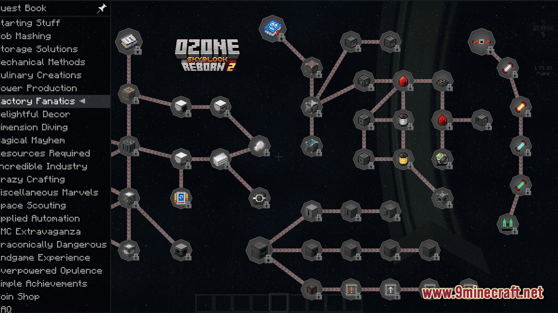 A branching quest book interface displaying progression paths for various machines, items, and technical resources