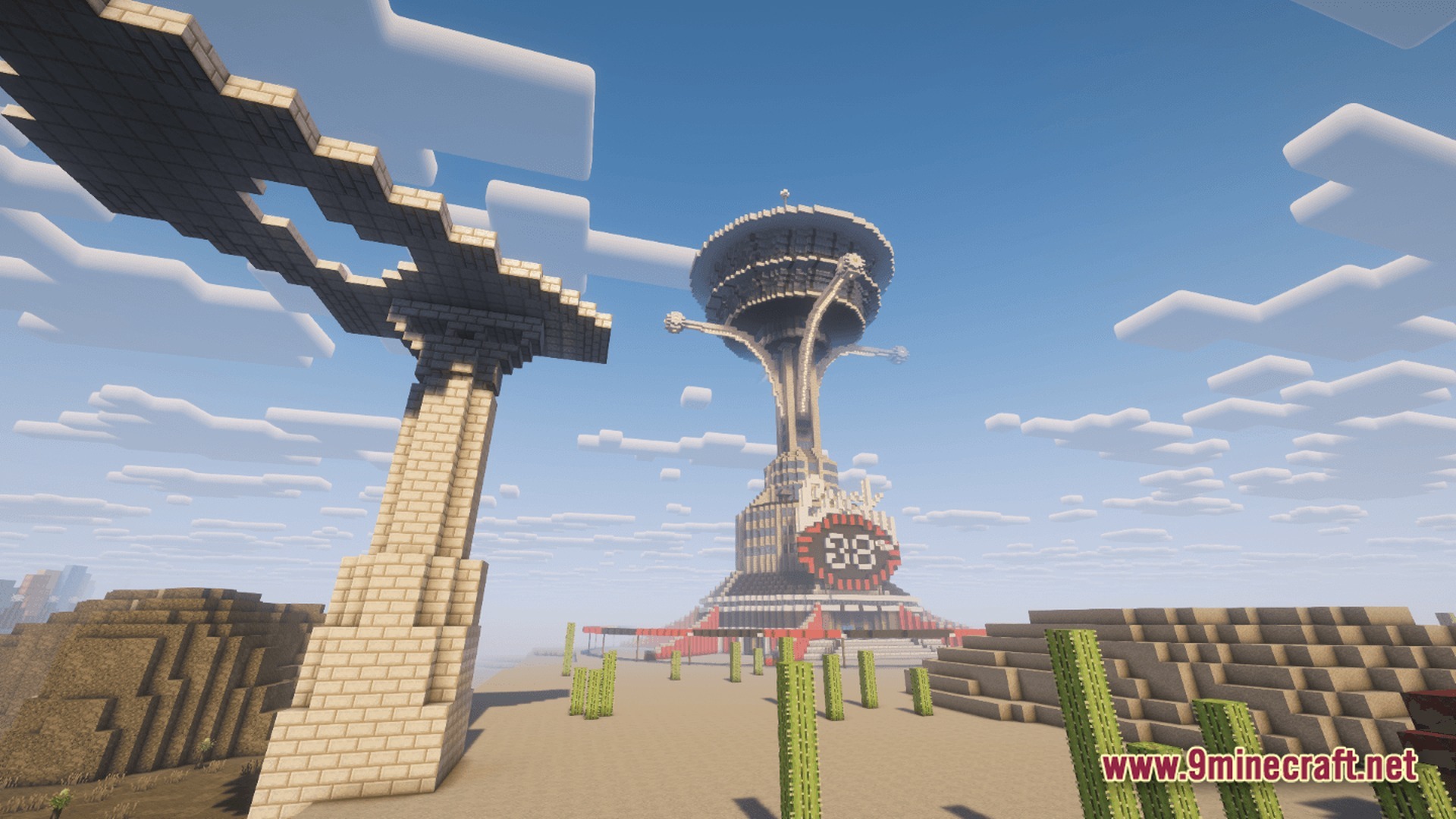 A large lucky 38 casino tower structure stands in a desert biome with cacti and ruins