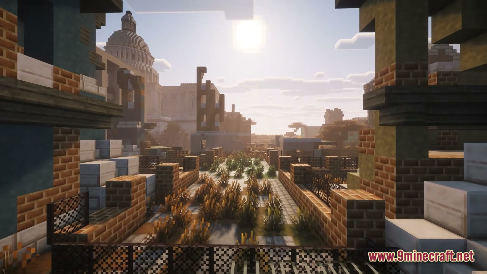 Overgrown ruins of a post-apocalyptic city featuring brick buildings and a large domed structure